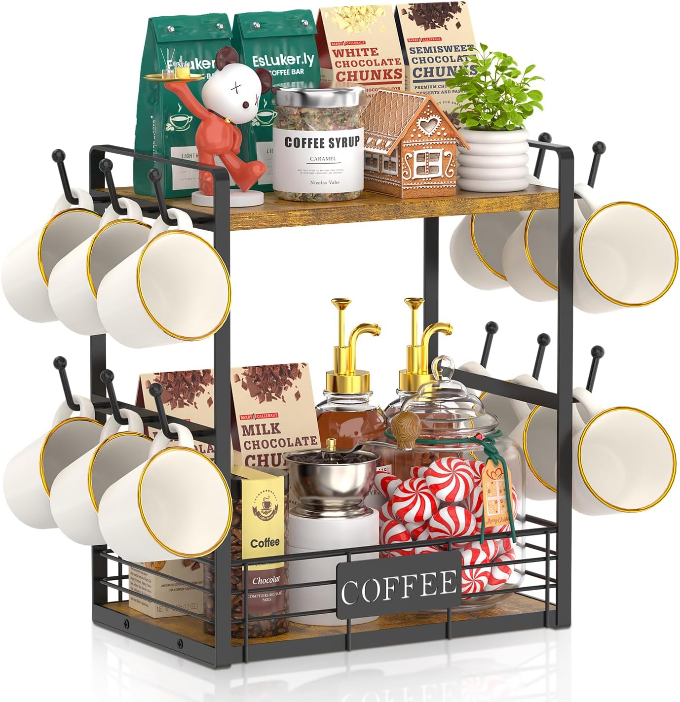 EsLuker.ly 2 Tier Coffee Bar Organizer Countertop Station Rack for Kitchen, Multi-Functional Coffee Mug Holder Display Stand, Accessory Storage Shelf with 12 Hooks, Vintage Brown-Black