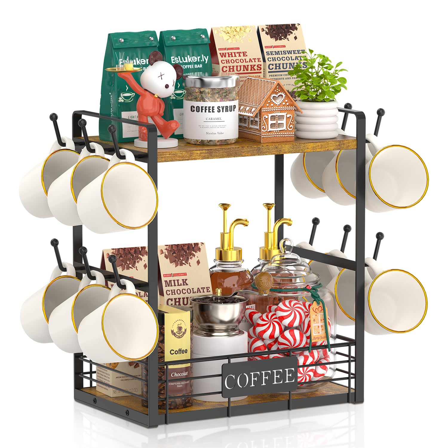 EsLuker.ly Coffee Mug Cup Holder Tree Bar Station Organizer, 2 Tier Mug Stand Rack for Countertop Kitchen, Storage Tower Display Shelf with 12 Hooks, Coffee Nook Enhancer, Vintage Brown Black