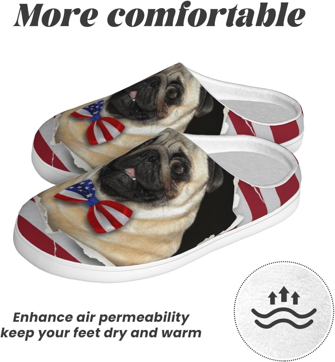 [DOGYTJS] パグ アメリカ旗 スリッパ 室内履きルームシューズ 洗える おしゃれ 静音 滑り止め付 超軽量 室内 来客 オー