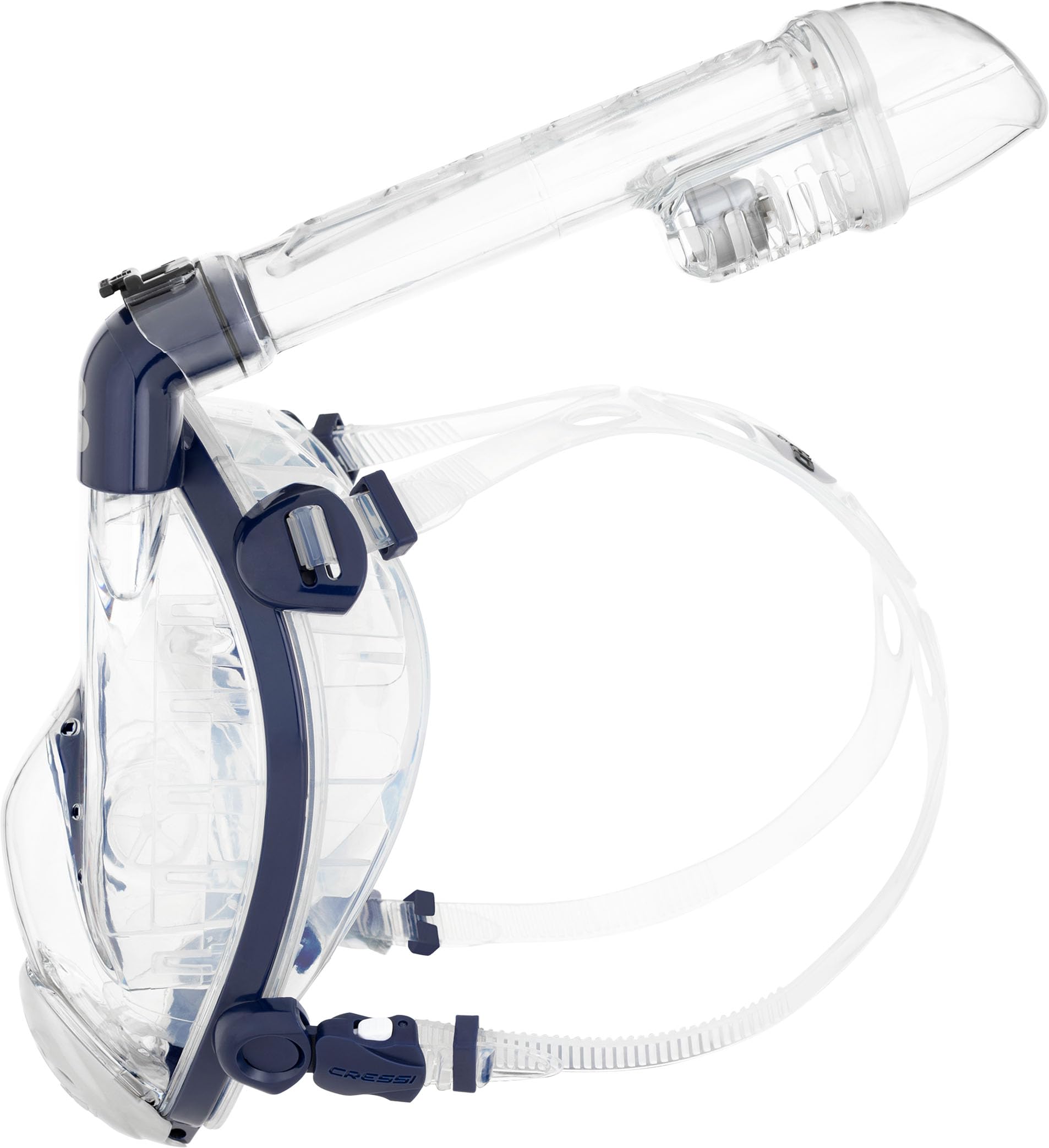 Cressi dal 1946 - Prince Full Face Mask - Maschera Integrale CO2 Sicuro Grande Visione Snorkeling, Anti Fog, Facciale Comfort, Valvola Scarico e Snorkel Dry - Trasparente/Blu Navy - M/L - Adulti - 3