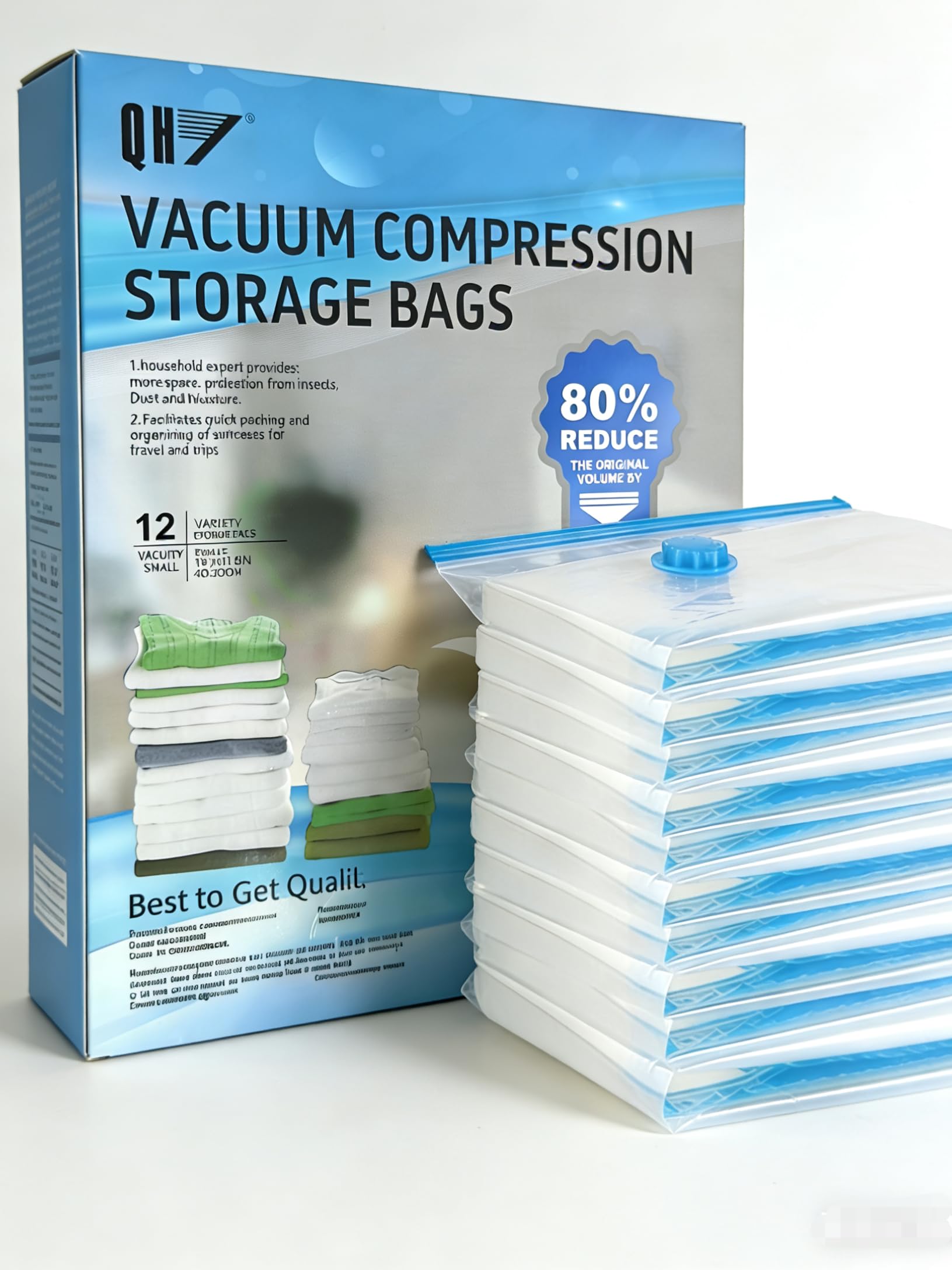 QH7 Small Vacuum Storage Bags,Space Saver Bags for Travel and Home Reusable Vacuum Storage Bags Save 80% More Storage Space Work with Vacuum Cleaner