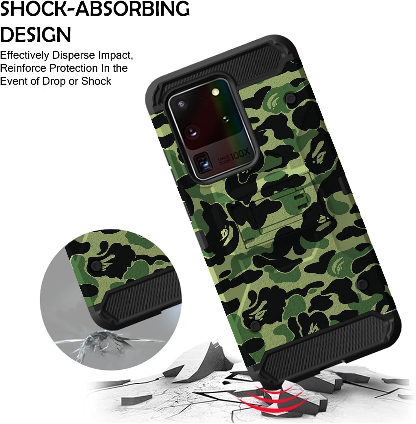 DuraSafe Cases for Samsung Galaxy S20 Ultra 6.9" 2020 SM-G988B/DS Military Printed Rugged Heavy Duty Case with Kickstand - Military Moss(Without Holster)
