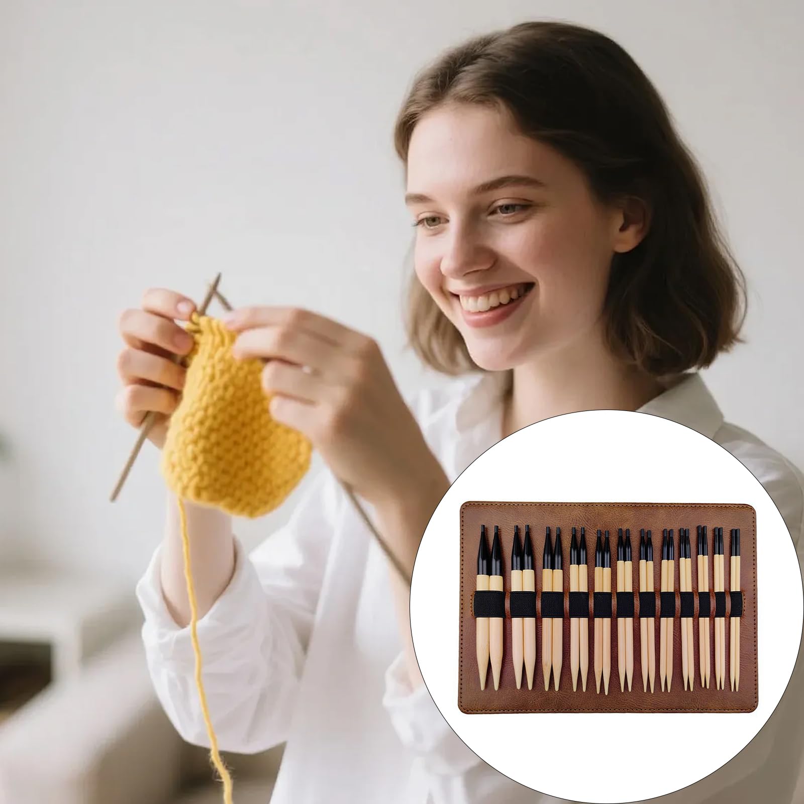 12 Pares de Agujas de Tejer de Madera, Juego de Agujas de Tejer Circulares Intercambiables de 3, 5-10mm con Bolsa de Almacenamiento para suéteres, Bufandas, tamaño
