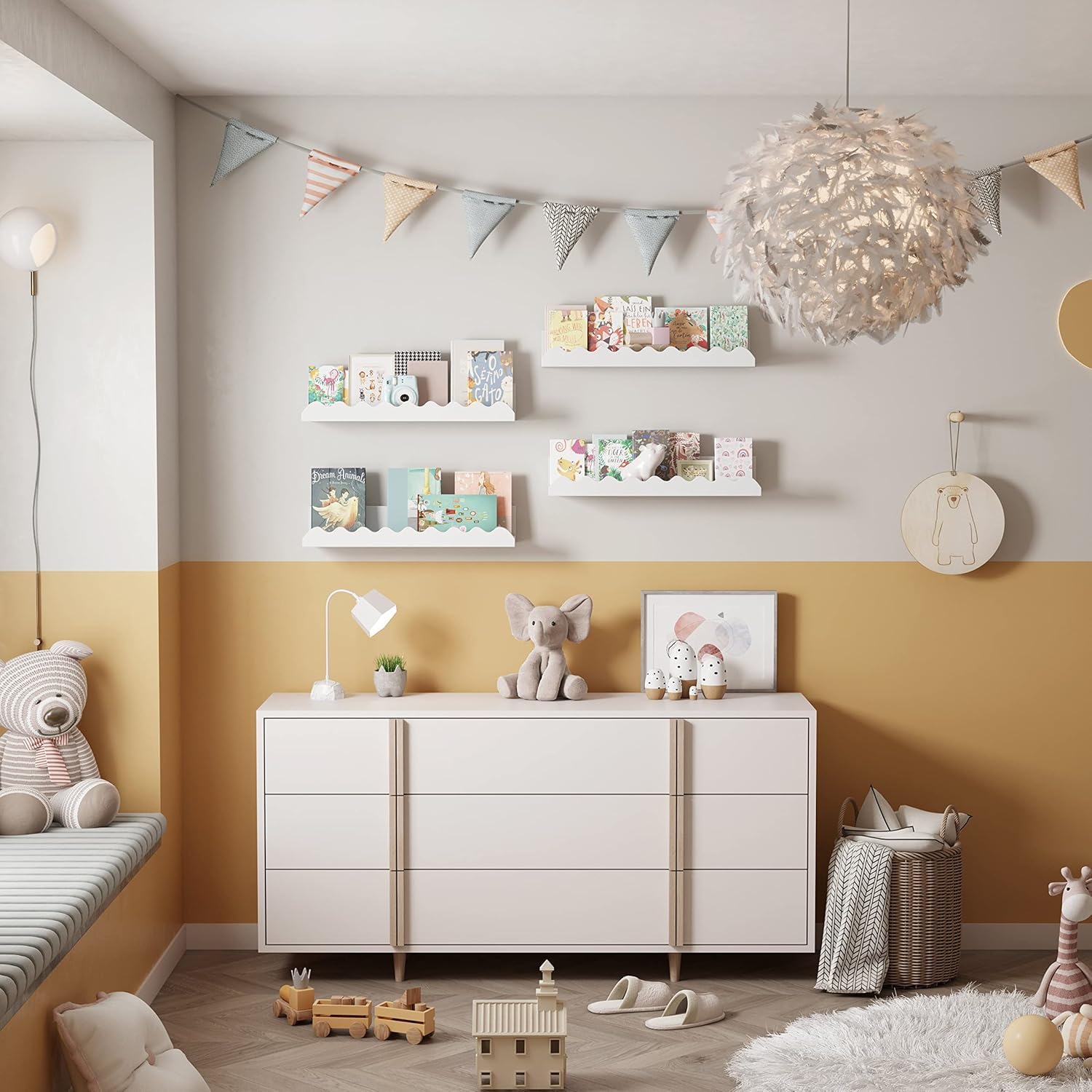 Wandregal Kinderzimmer, 60cm, Massivholz, für Bücher, Spielzeug, Dekoration, Wand-Bücherregal, Hängeregal, Weiß, 4er-Set