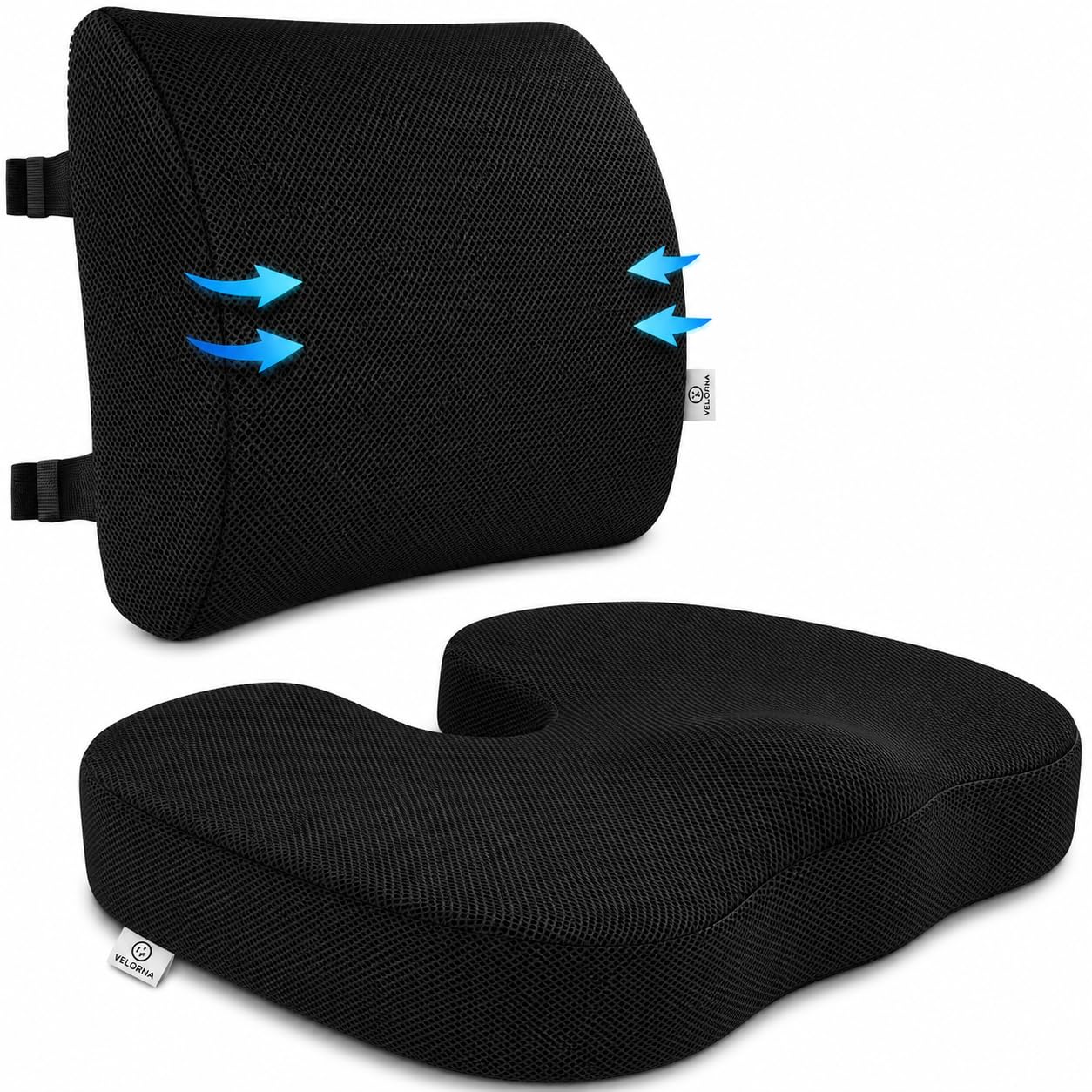 2-in-1 Memory Foam Seat Cushion & Lumbar Support Set | Office Chair Cushion for Back & Tailbone Relief | Non-Slip Coccyx Pad with Washable Cover & Adjustable Strap | For Office, Car & Gaming Chair