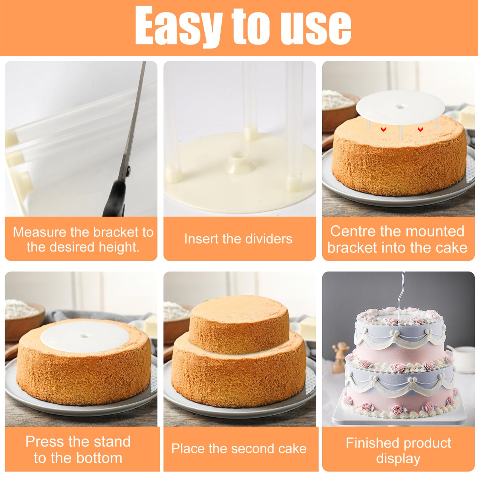 Set Pour Gâteau à étages - 7 Plateaux Ronds (9/12/16/20 Cm) + 21 Dowels Plastique 23 Cm | Réutilisable, Mariage, Anniversaire, Cake Design - 6