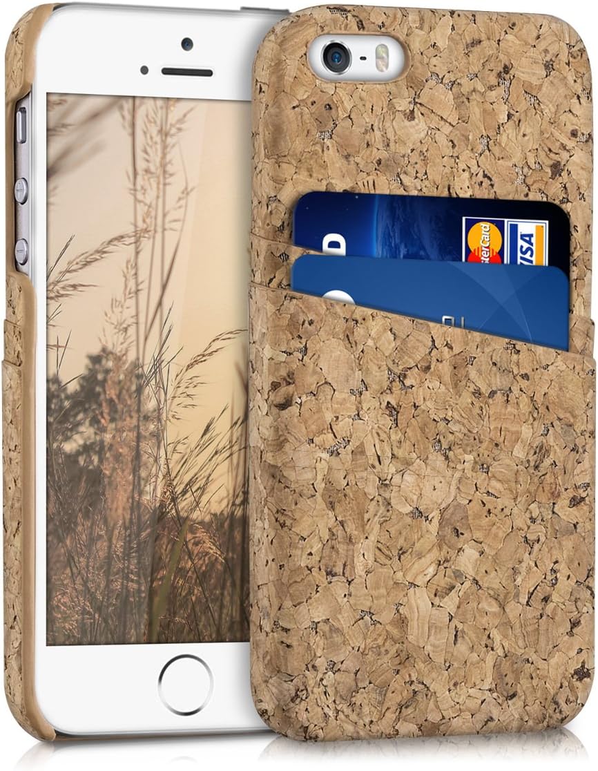 kwmobile Protective Case Compatible with Apple iPhone SE (1.Gen 2016) / 5 / 5S - Cork Hard Phone Cover with Card Slots - Light Brown