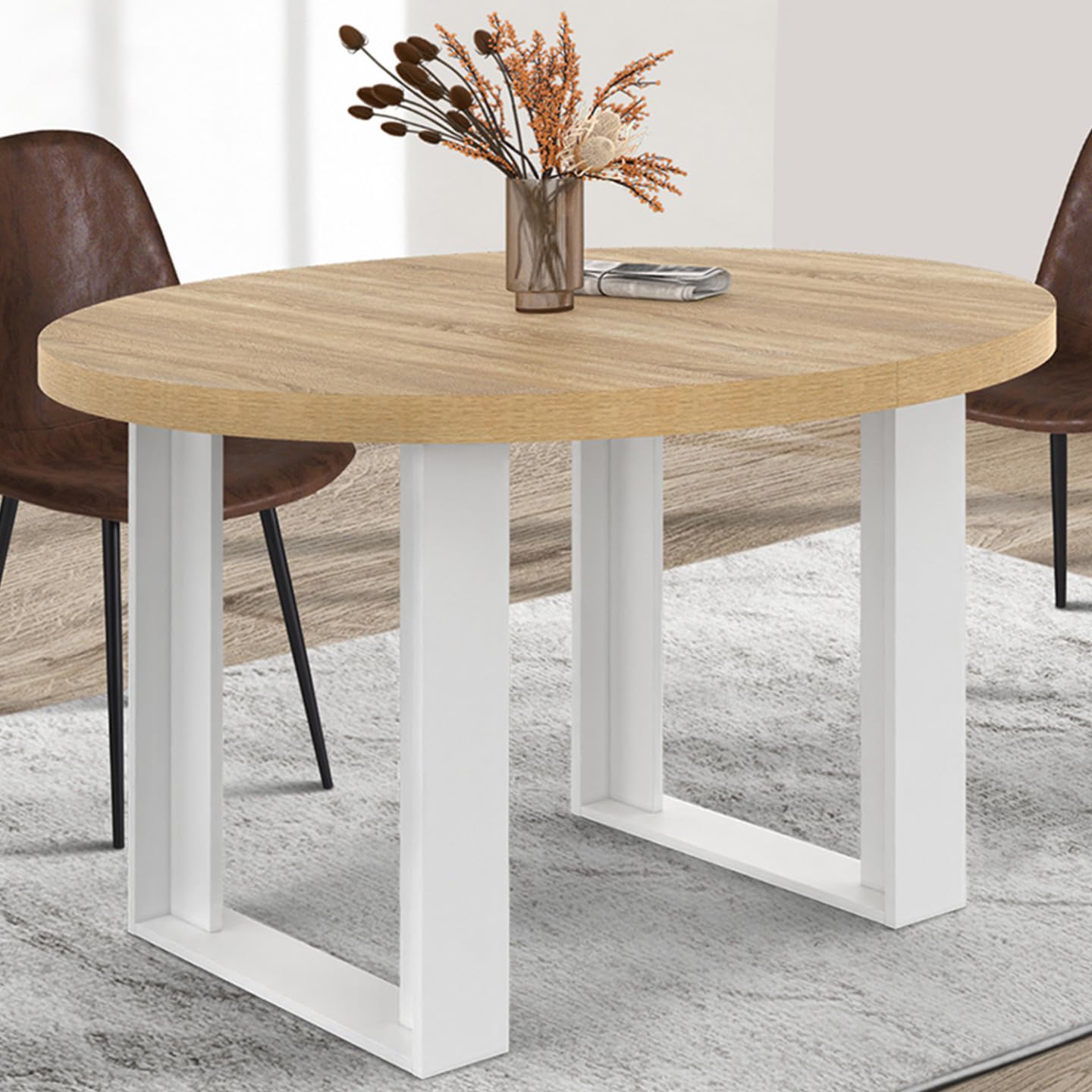 IDMarket Phoenix - Mesa de comedor fija redonda para 4 personas, madera y blanco, 110 cm