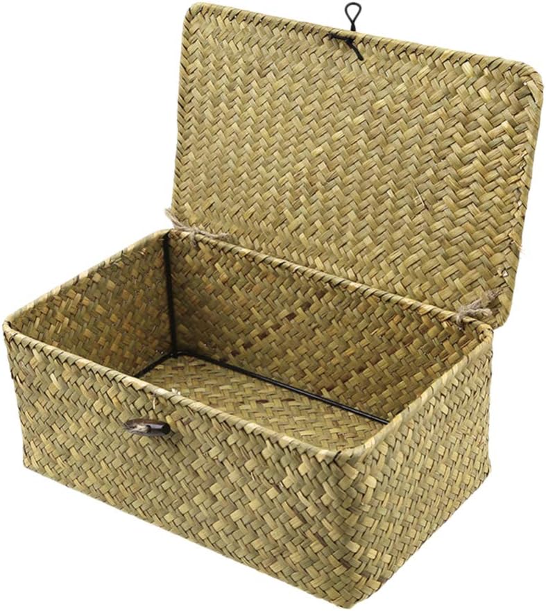 Woven Basket Rattan Storage Basket Makeup Organizer Multipurpose Container with Lid Size L