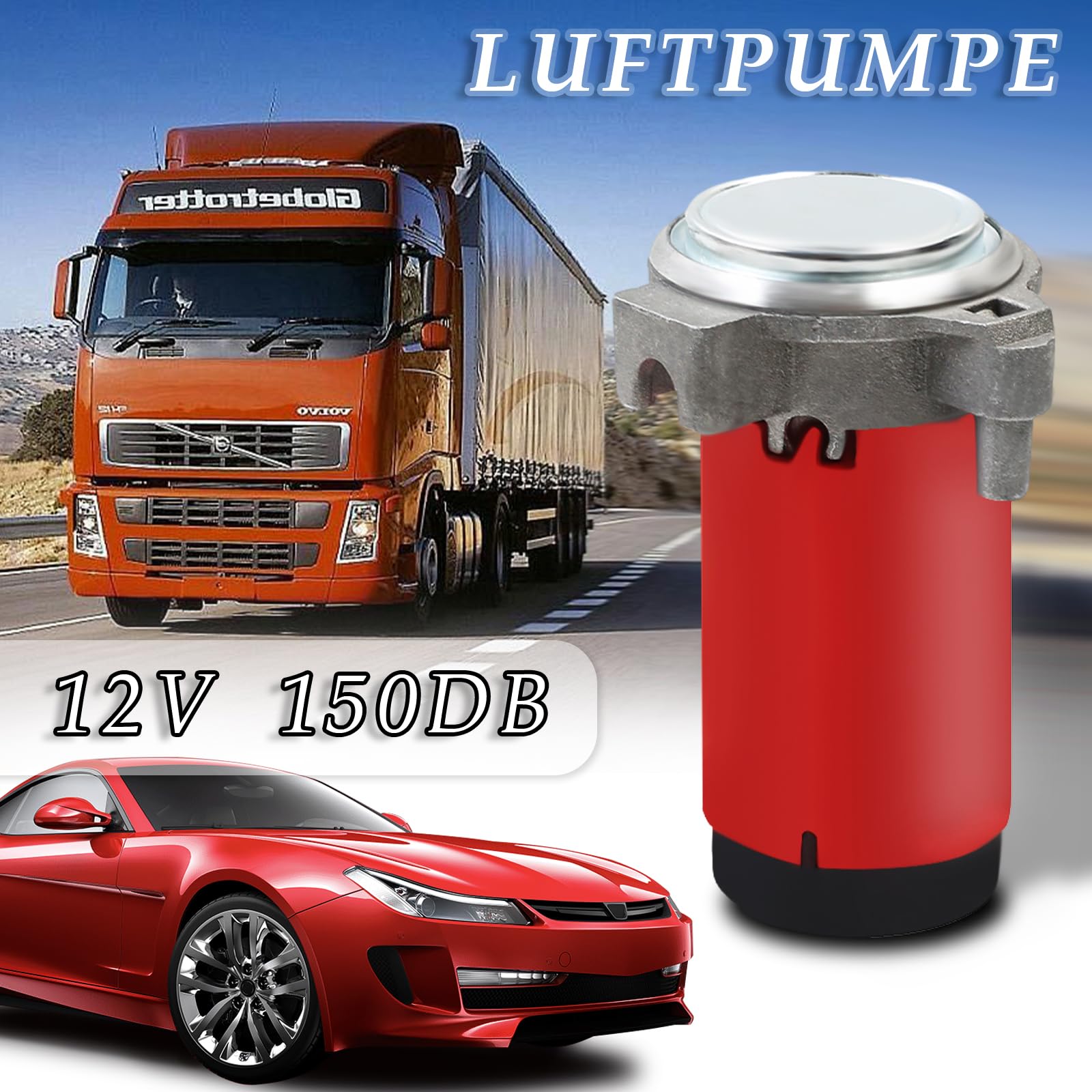 MaxAwe 12 V, 150 dB, sprężarka powietrza, mini pompka do samochodu, zestaw do uniwersalnego klaksonu, chromowana, czerwona, z miedzianym kablem do samochodów osobowych, ciężarowych, łodzi, motocykli