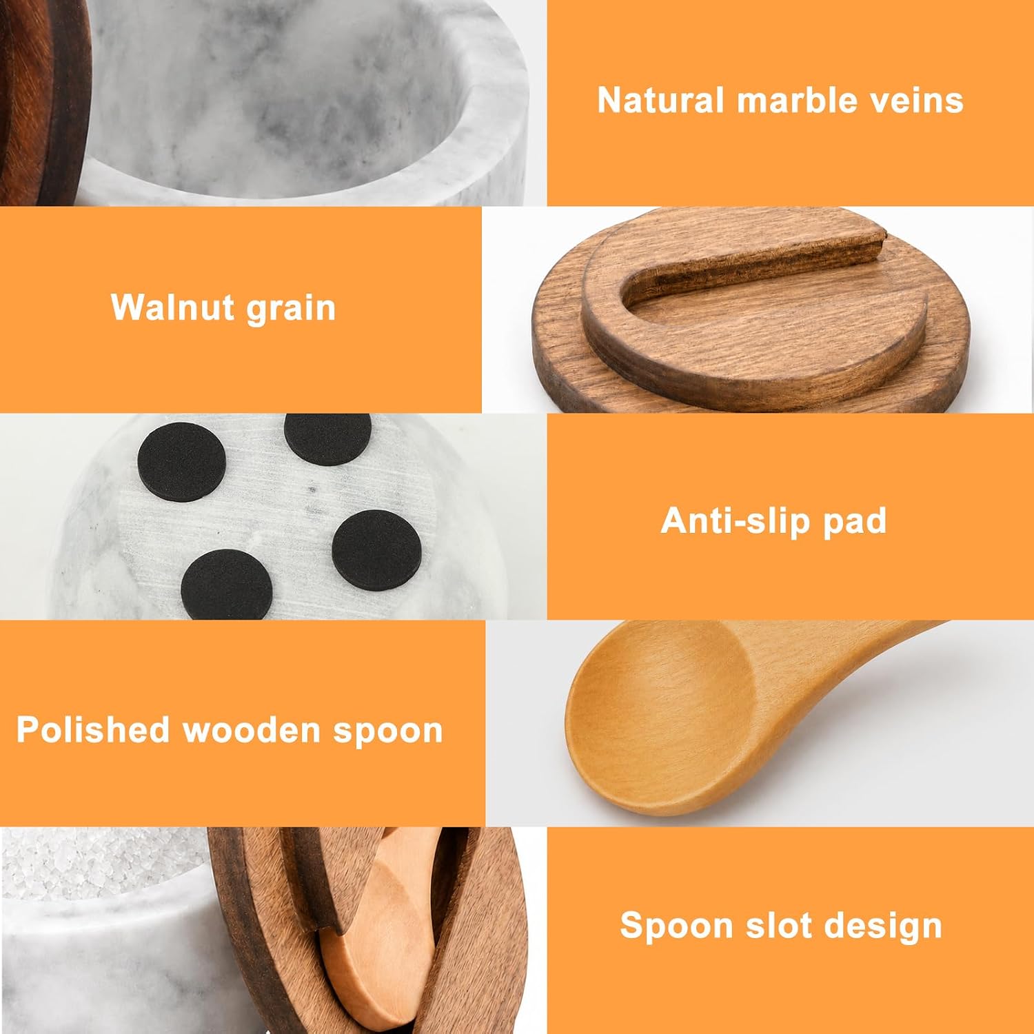 6.5oz Capacity Marble Salt Cellar, Salt and Pepper Bowl with Built-in Spoon and Acacia Wood Lid, Elegant Kitchen Salt Container Holder for Countertop or Table