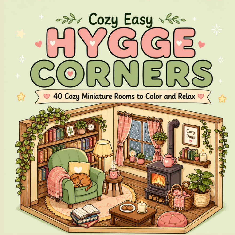 Cozy Easy Hygge Corners: 40 Cozy Miniature Rooms, Dollhouse Spaces, and Relaxing Retreats to Color
