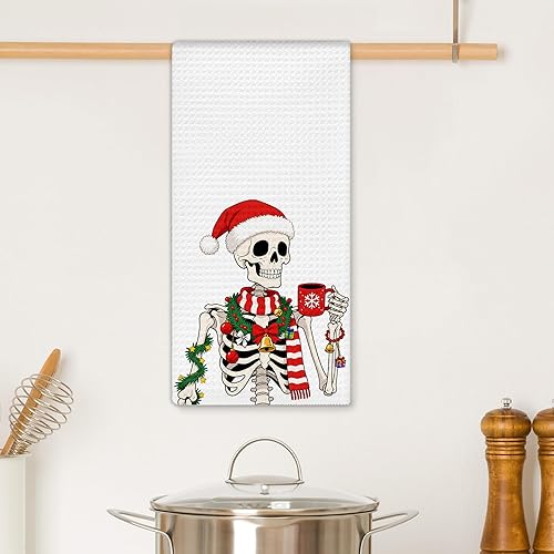 Miniatura 2 de Divertidas toallas de cocina de esqueleto navideño, toallas de mano góticas de Navidad para decoración de baño, rústico, retro, espeluznante, de