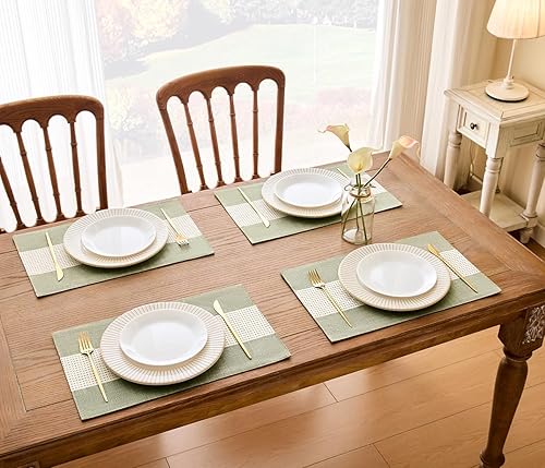 Miniatura 6 de Wracra Juego de 6 manteles individuales de lino, 12 x 18 pulgadas, manteles individuales de macramé para mesa de cocina y resistentes al calor,