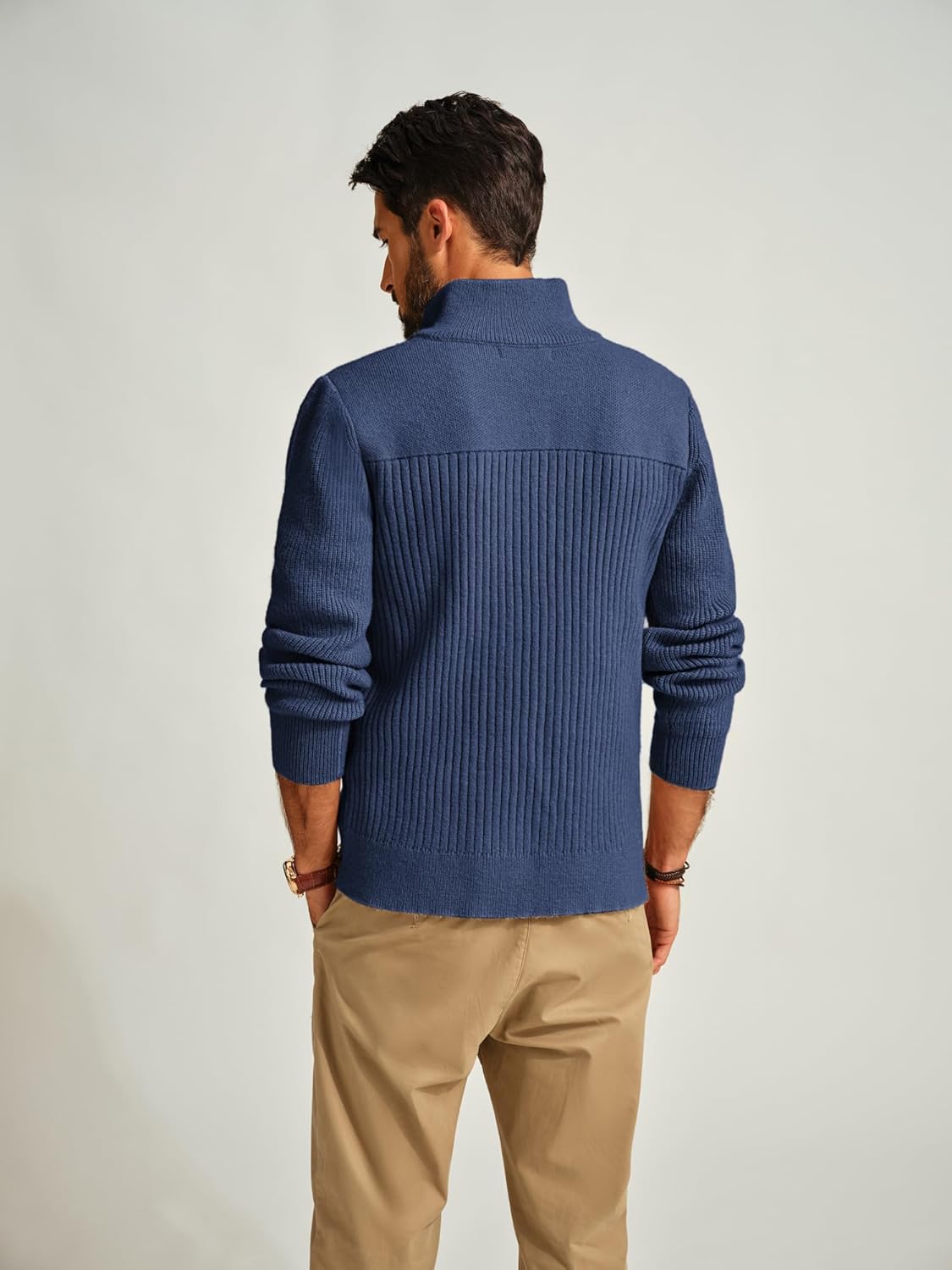 PJ PAUL JONES Men's Full Zipper Cardigan Casual Stand Collar Cardigan Sweater Ribbed Knit Long Sleeve Sweater - Image 2