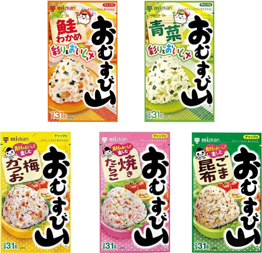 Mizkan Furikake Seasoning 5 Types Of Japanese Rice Seasoning Omusubi Yama (Salmon Wakame/Green Vegetable/Ume Bonito/Grilled Cod Roe/Sesame Kelp) 1.09oz each