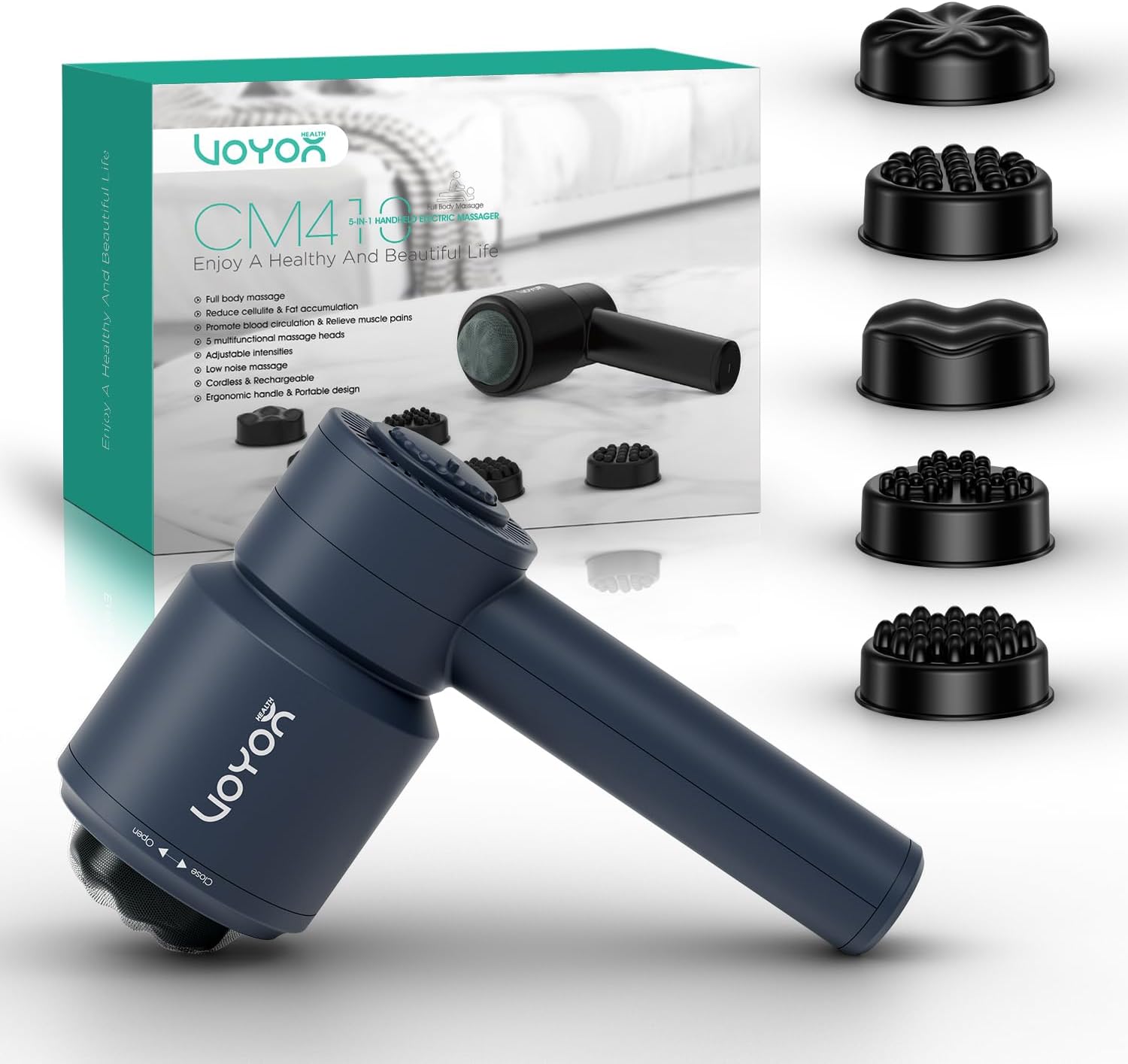 VOYOR-HEALTH Handheld Cellulite Massager, Electric Cellulite Remover Body Sculpting Massage with 5 Replaceable Heads for Arm,Thigh,Calves, Cordless & Rechargeable Deep Tissue Massager CM410 (Blue)