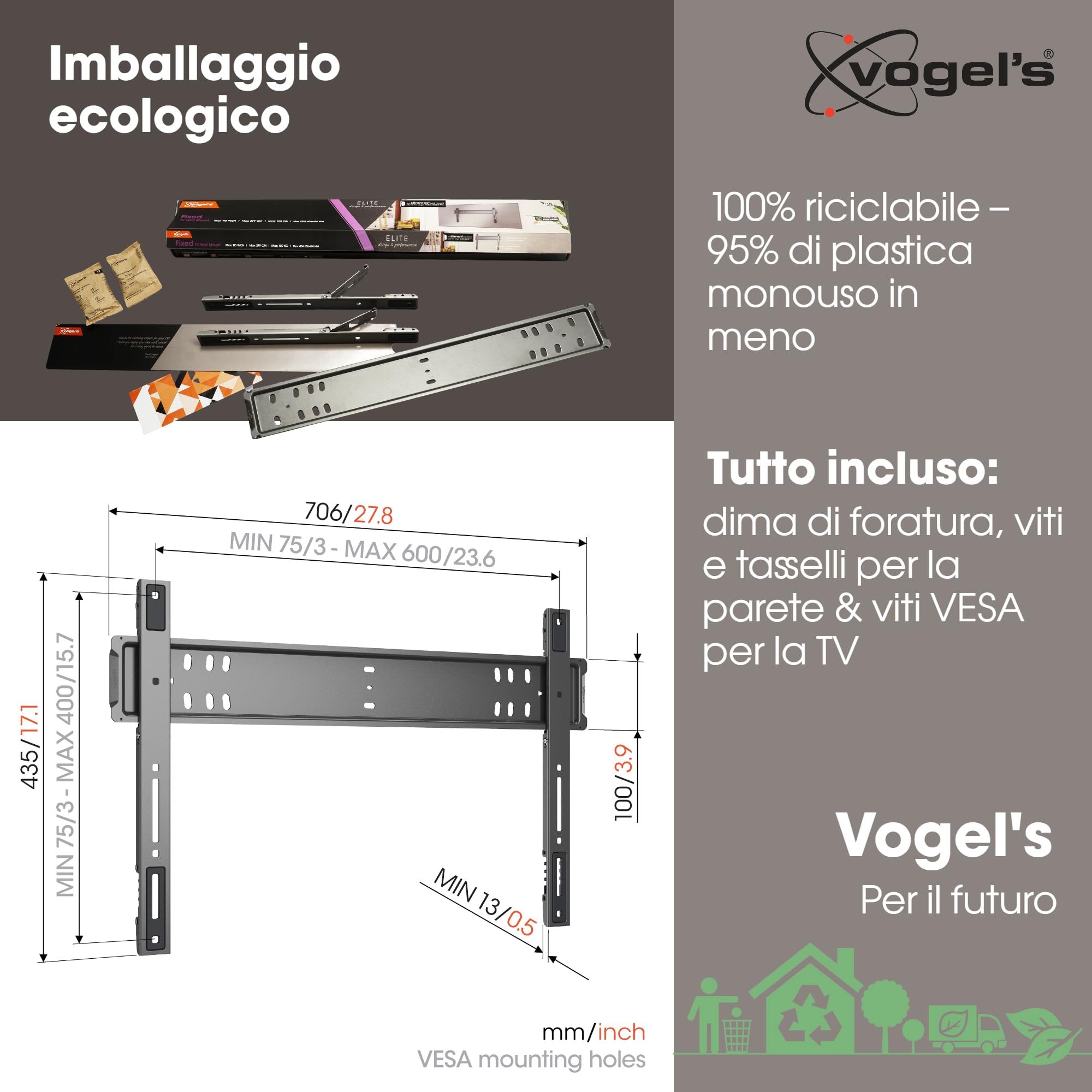 Vogel's TVM 5705 – Supporto da parete per TV ultrasottile con GuidanceSystem™ per appendere in modo semplice TV grandi, 40–110'', max 100 kg, certificato TÜV, VESA 600x400, distanza dal muro 1,3 cm