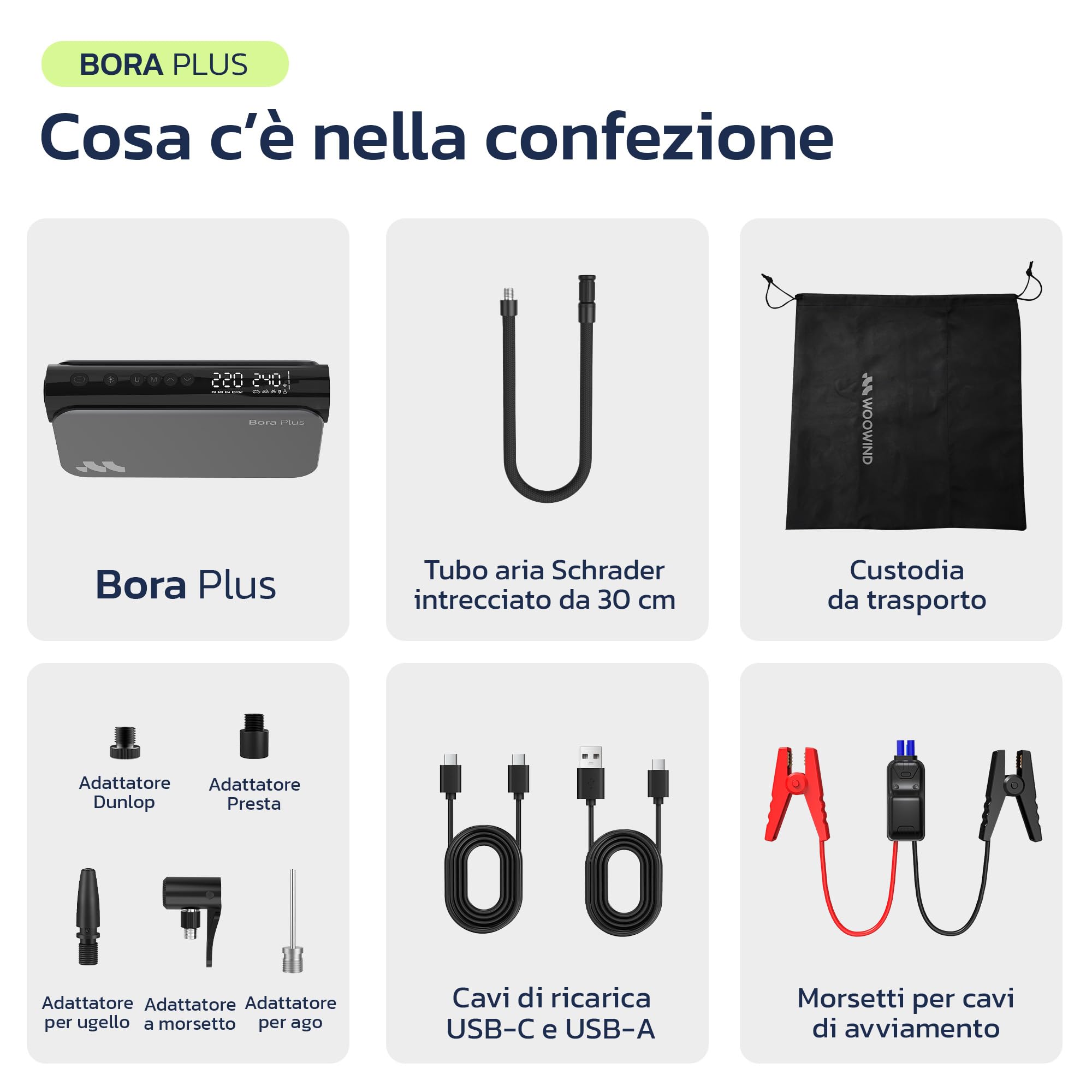 Woowind 3-in-1 Avviatore Batteria Auto con Compressore, 150 PSI/10,3BAR | Booster Avviamento Auto 12V e Power Bank 65W, Avviatore di Emergenza per Auto 6.0L / Diesel 3.0L, 16000 mAh con Torcia LED