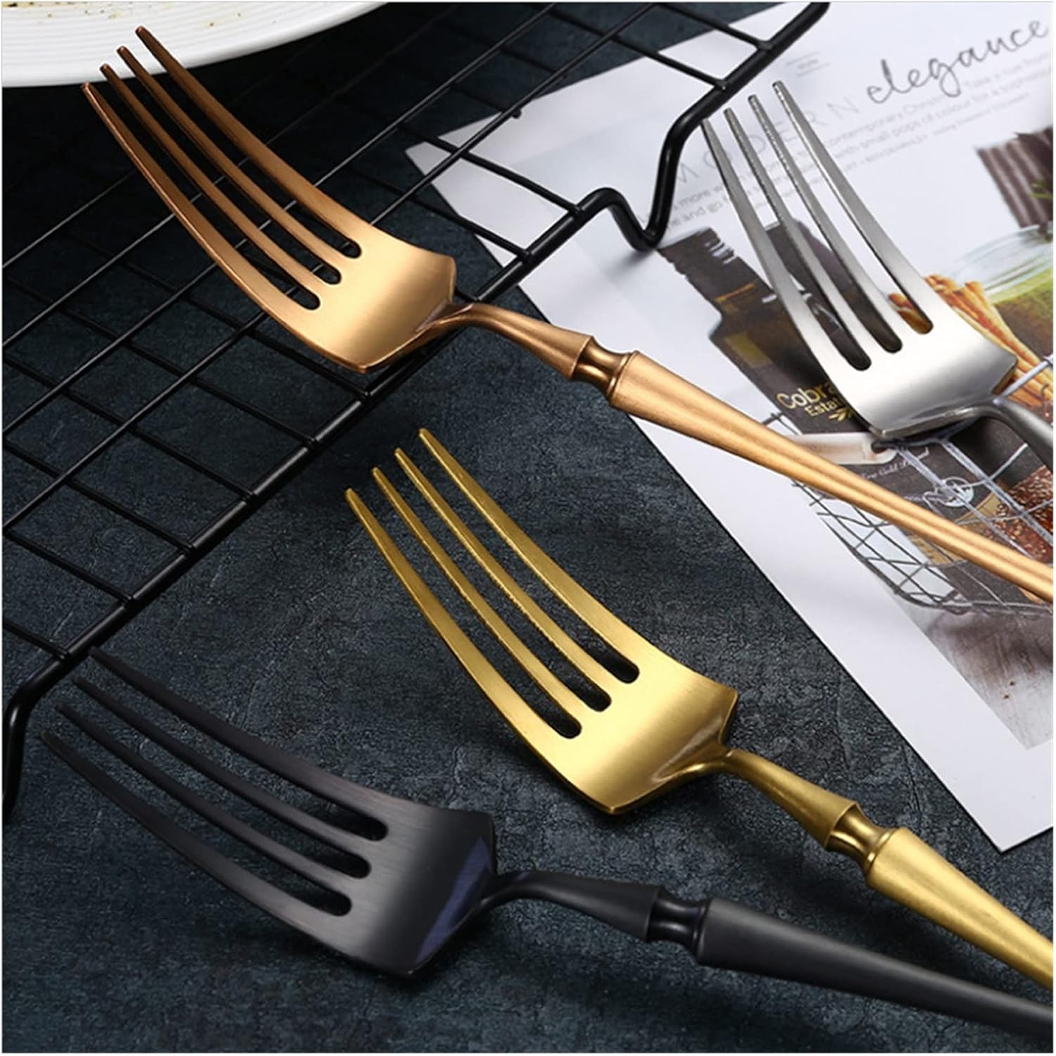 6Set/24Pcs Cutlery Set Stainless Steel Dinnerwar Steel Luxury Dinnerware Gold Forks Spoons Knives Steel Cutlery Set (Color : Glossy Gold) (Matte Gold)