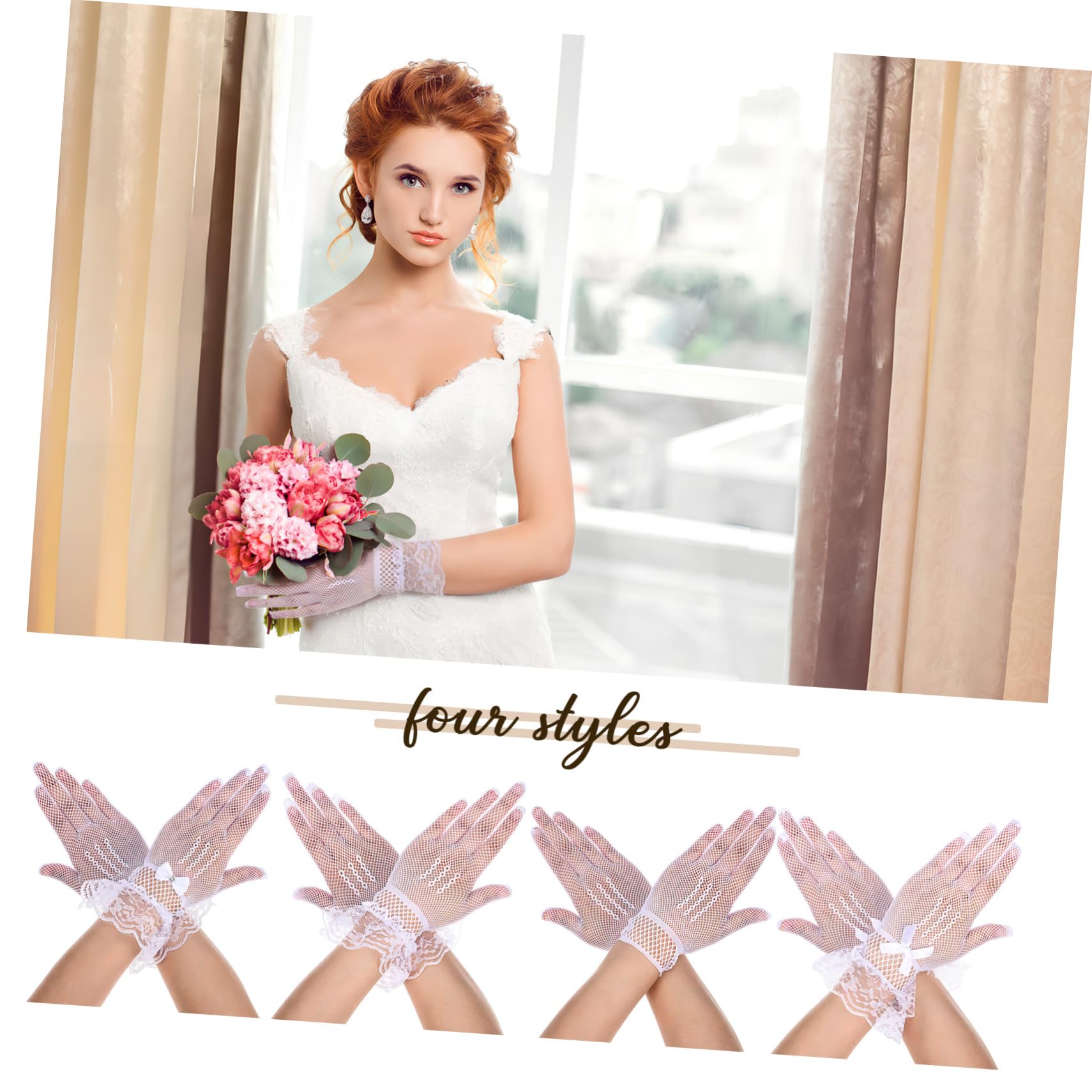 BESPORTBLE 12 Pares de Guantes de Malla para Boda, Blanco, Poliéster, Lentejuelas y Lazos, Cómodos y Reutilizables para Banquetes y Vestidos de Noche