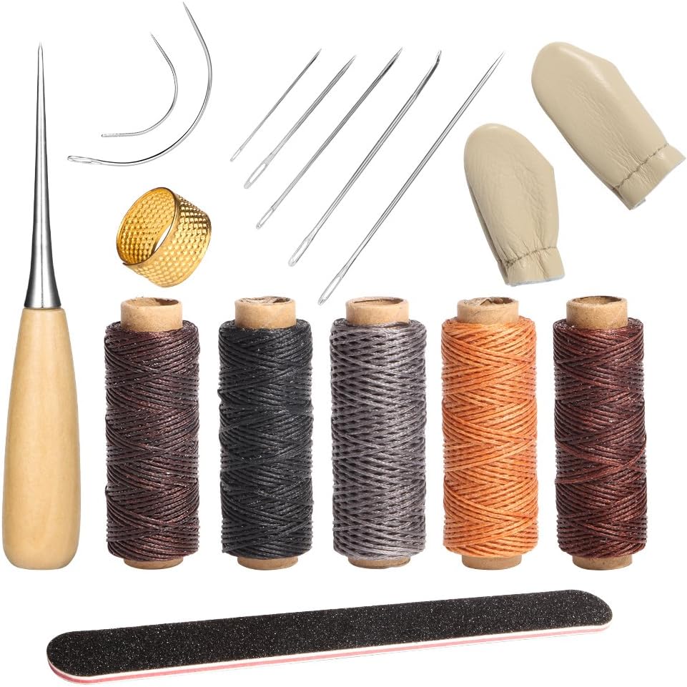 Leather Working Tools 16 Pcs Upholstery Carpet Canvas Leather Kit Needles with Waxed Thread Crod and Drilling Awl and Thimble for Leather Repair Basic Leather Tools, DIY Hand Sewing Craft Accessories