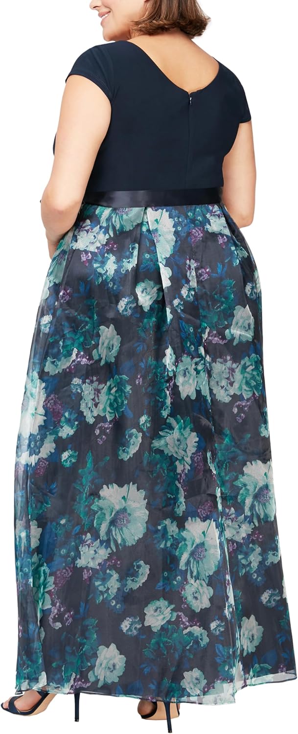 S.L. Fashions Womens Long Floral Print Sleeveless Special Occasion Dress with Removable Satin Belt (Plus Size) - Image 2