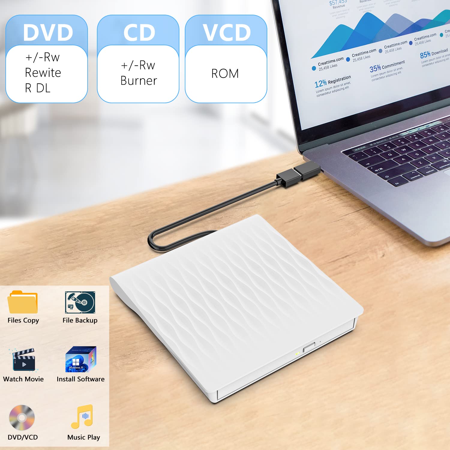 Lecteur DVD CD Externe USB 3.0 & Type-C, Graveur DVD Portable CD/DVD +/-RW, pour Tous Laptop/Desktop/PC/Mac/MacBook, Compatible avec Win11/10/8/7/XP/Vista/Linux/MacOS, Blanc