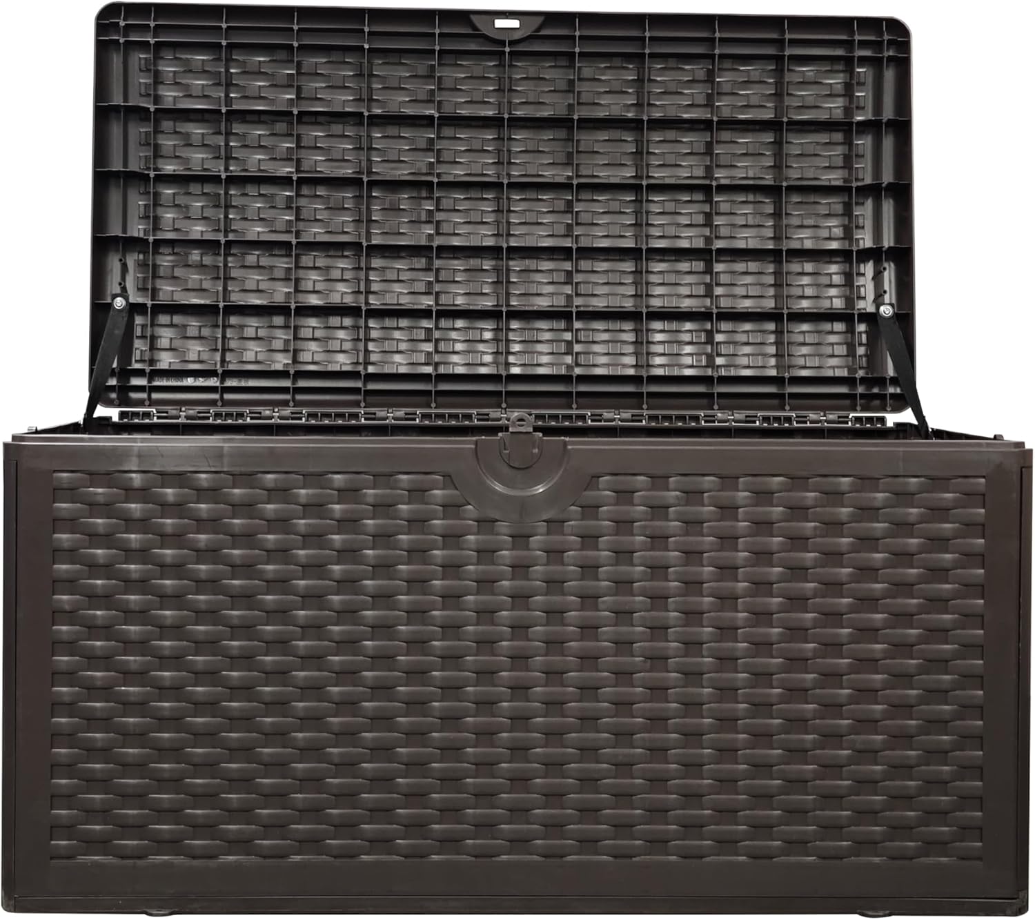 Large 80-Gallon Resin Deck Chest for Outdoor Organization. This sturdy, lockable storage bin shields your patio cushions and backyard gear from rain and sun. (Brown)