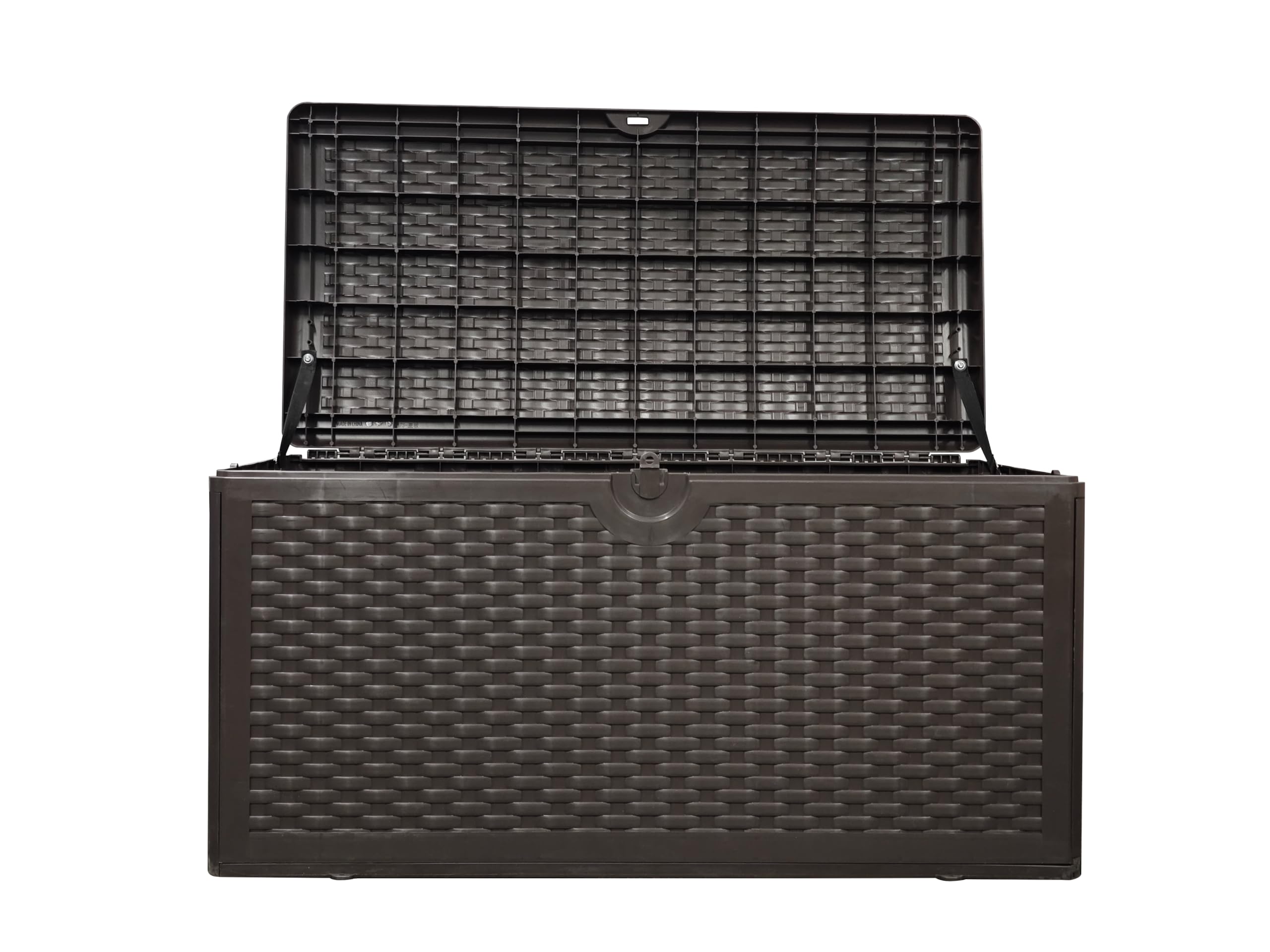 Large 80-Gallon Resin Deck Chest for Outdoor Organization. This sturdy, lockable storage bin shields your patio cushions and backyard gear from rain and sun. (Brown)