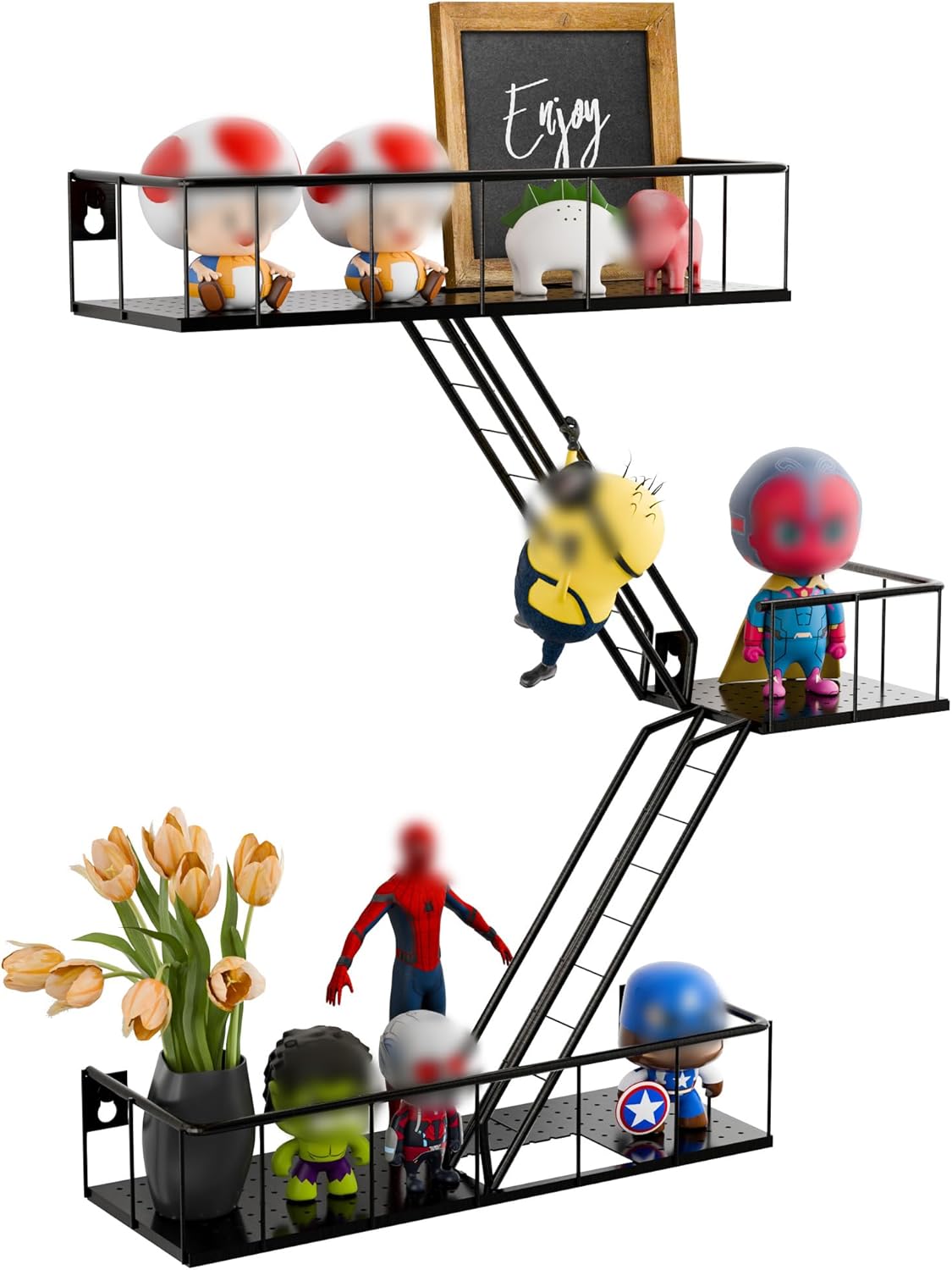 3-Tier Fire Escape Wall Shelf, Easy to Install Ladder Shelf for Figures, Modern City Style Fire Escape Shelf, New York Metal Decorative Shelves for Bedroom, Living Room & Home Decor, Black