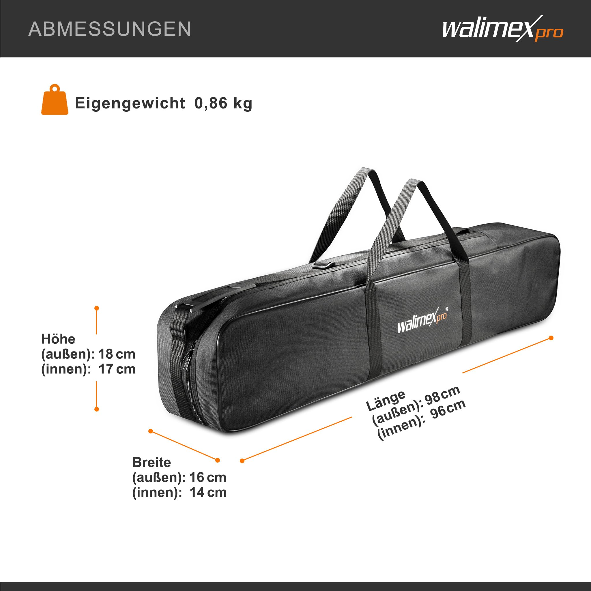 Borsa Treppiede Walimex Pro 98 Cm Per Max. 4 Monolocali Fino A 96 Cm - Borsa Per Il Trasporto Con Tracolla, Pratica E Comoda, Imbottitura Spessa, Esterno: 98 X 18 X 16 Cm, Interno 96 X 17 X 14 Cm