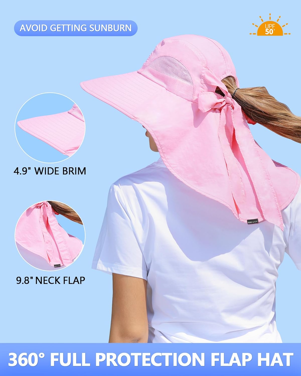 Womens Sun Hat Outdoor UV Protection Wide Brim Fishing Hat with Ponytail Hole Neck Flap for Beach Hiking Camping - Image 3
