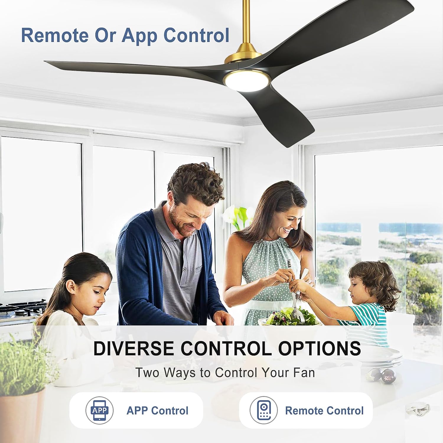 Modern Ceiling Fan with Light: Black and Gold Ceiling Fans with Remote and Smart APP Control 3 Blades - 52 Inch Ceiling Fan for Indoor Living Room Bedroom