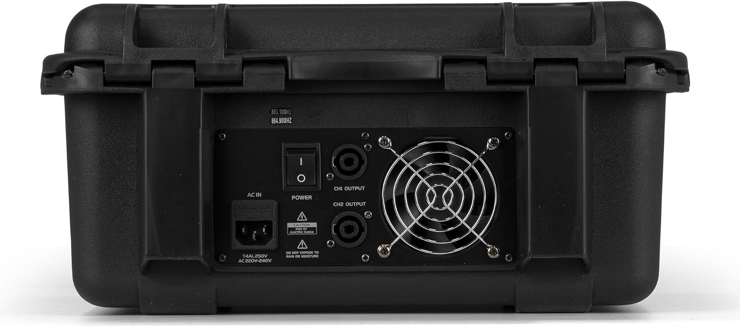 Rear panel of the VONYX VMA106 mixer showing power input, power switch, and speaker outputs.