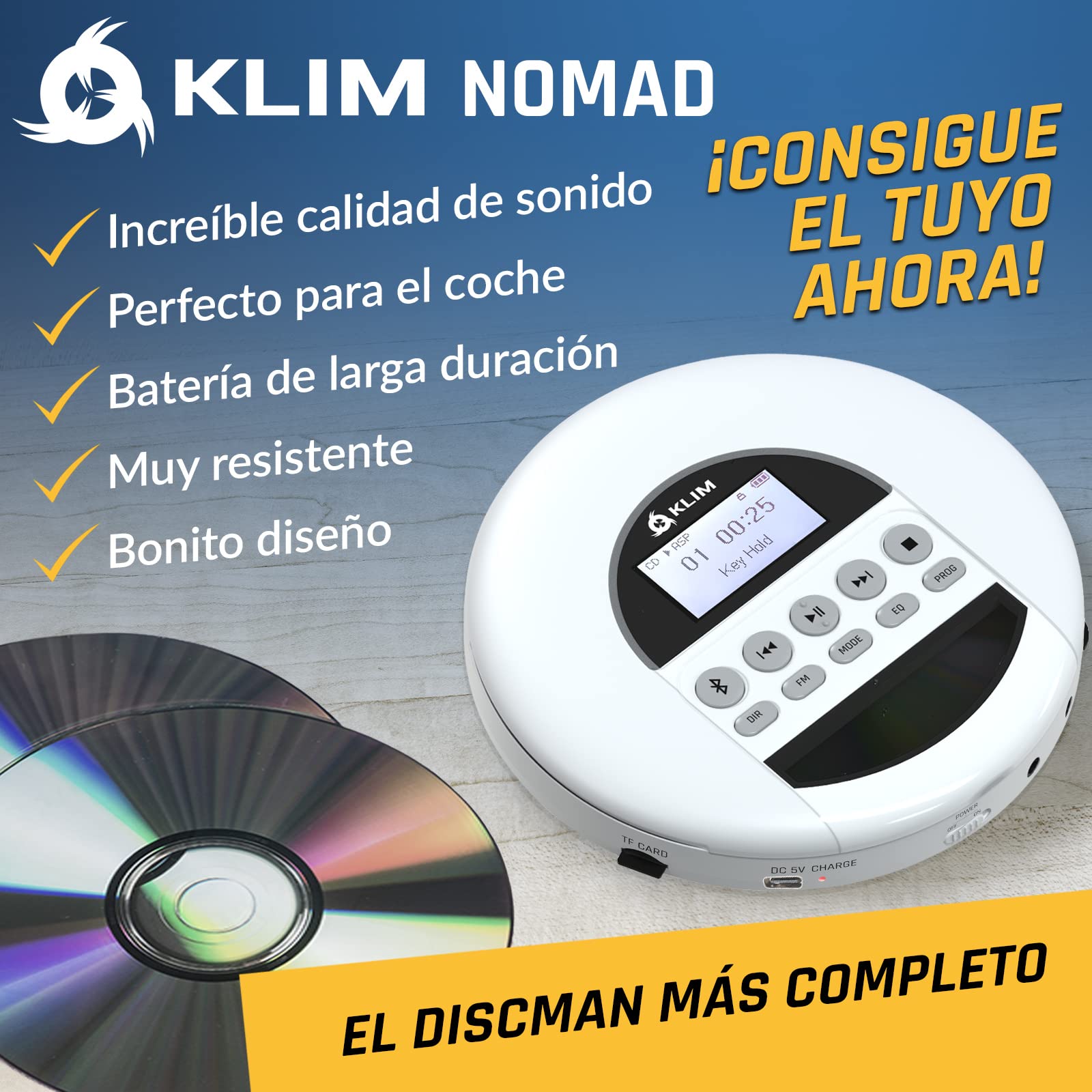 KLIM Nomad Lettore CD Portatile con Auricolari - with KLIM Custodia Impermeabile, Tracolla Regolabile, 3 Scomparti