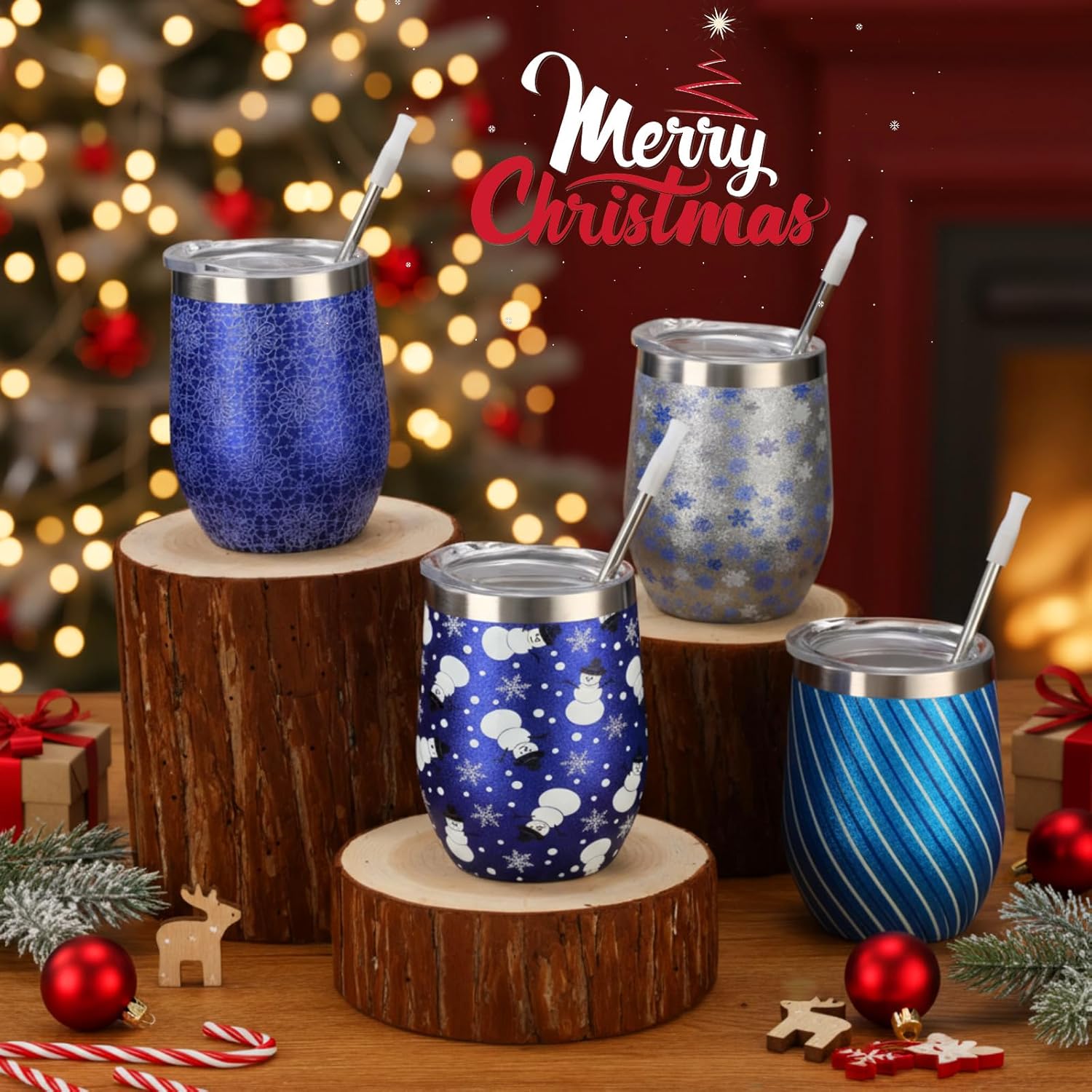 Sliner 4 Pack Pack Christmas Glitter Tumbler Bulk, 12 oz Holiday Wine Tumbler Set Stainless Steel Insulated Sparkling Glitter Cup with Lids Straws and Brushes Travel Mug Xmas Gift (Fresh Style)