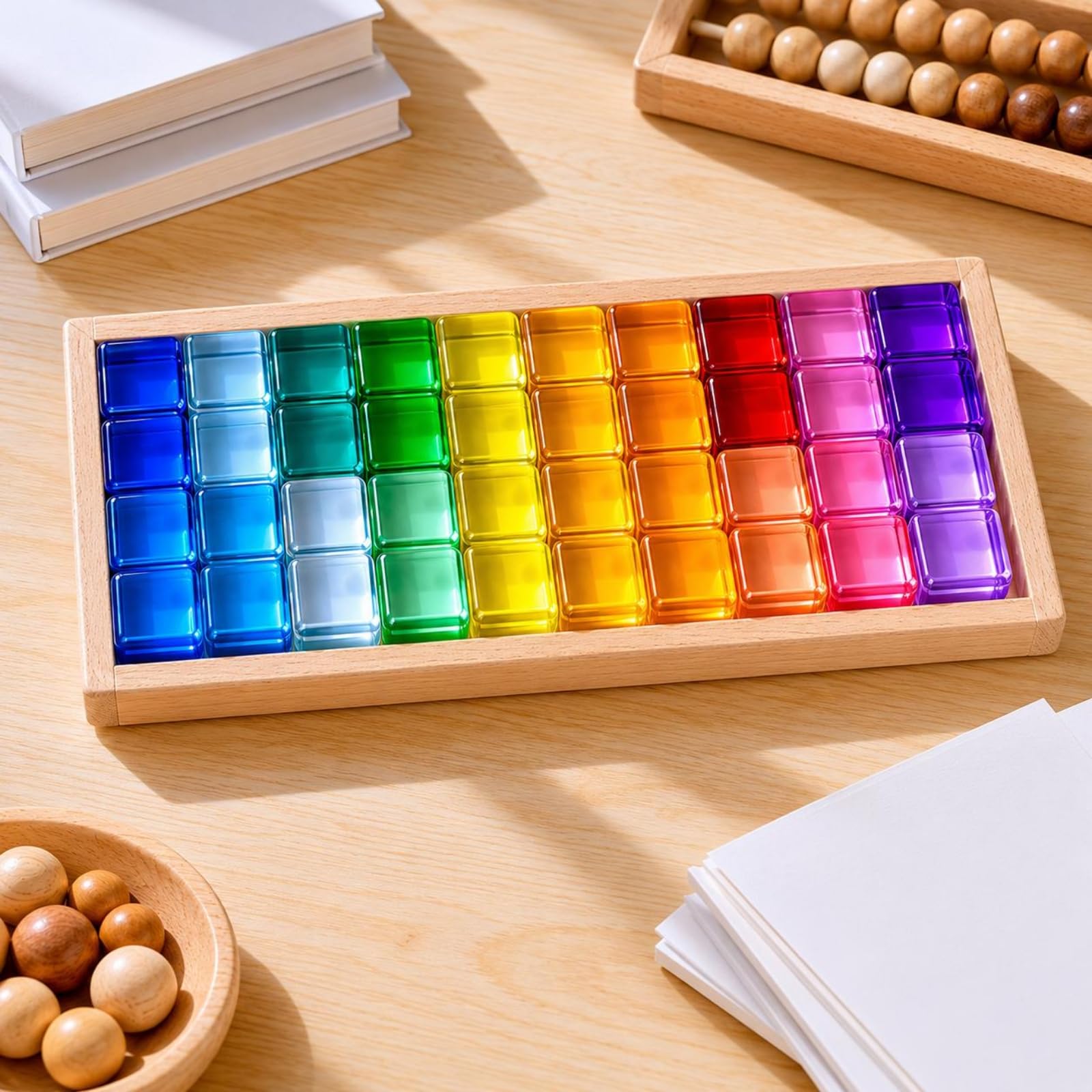 Acryl-sinnesbausteine Würfelspiel Acrylblock Pädagogisches Spielzeug Holzunterlage Glatte Außenfläche Transparente Innenstruktur für Büro Regal Kinderzimmer, Transparente Kombination 5