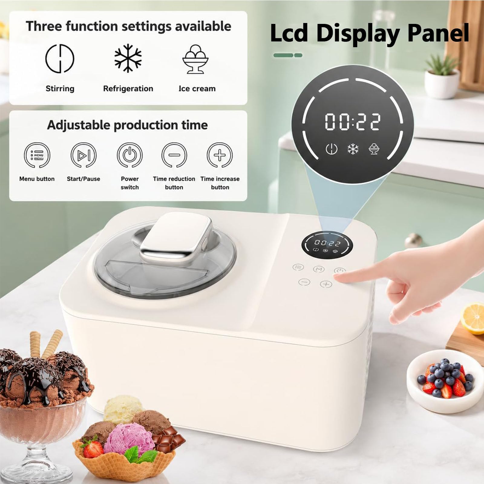 Mini Macchina per Gelato in Acciaio Inossidabile, 1,2 L Automatica per Servire Dolci, con Display a LED per Una Facile Pulizia, Ideale per Snack Bar E Uso Familiare