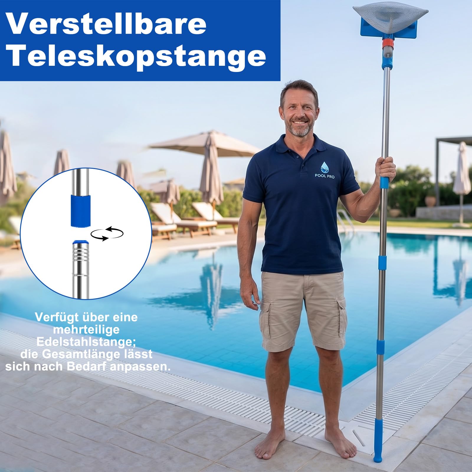 Odkurzacz basenowy z drążkiem teleskopowym 190 cm, przenośny odkurzacz do basenu, ze szczotką, zestaw do czyszczenia basenu do podłączenia do węża ogrodowego, dla basenu, stawu, jacuzzi, łazienki