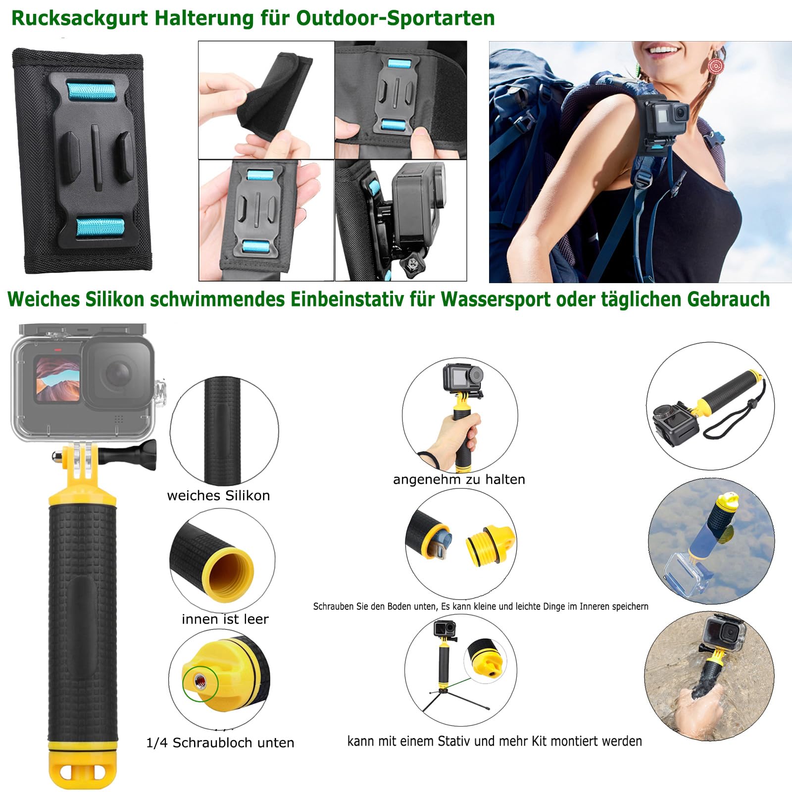 Actionkamera Zubehörset für Gopro Hero 13 12 11 10 9 Black Essentielles Actionkamera-Zubehörkit-Bündel für Gopro 13 12 11 10 9 (DT16)