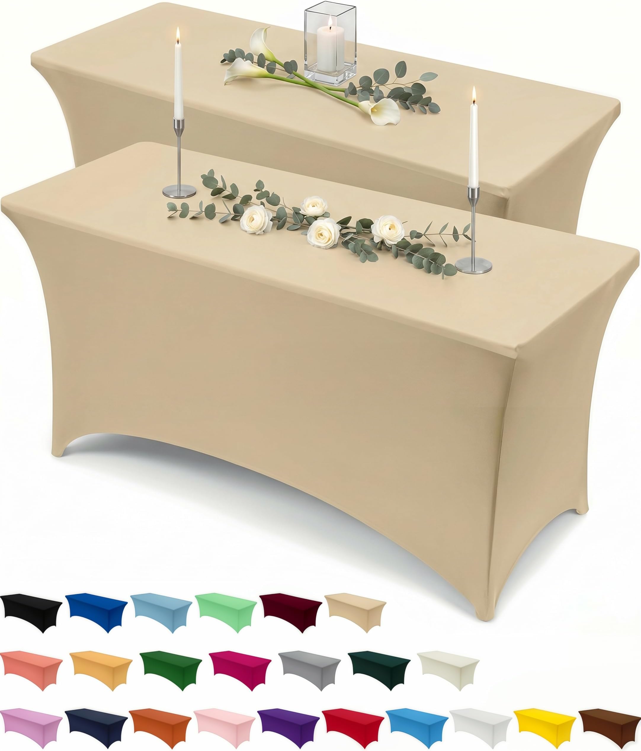 Utopia Kitchen Spandex Tablecloth 2 Pack [8FT, Champagne] Tight, Fitted, Washable and Wrinkle Resistant Stretch Table Cloth Rectangle Cover for Trade Show, Weddings & Parties [96Lx30Wx30H Inch]