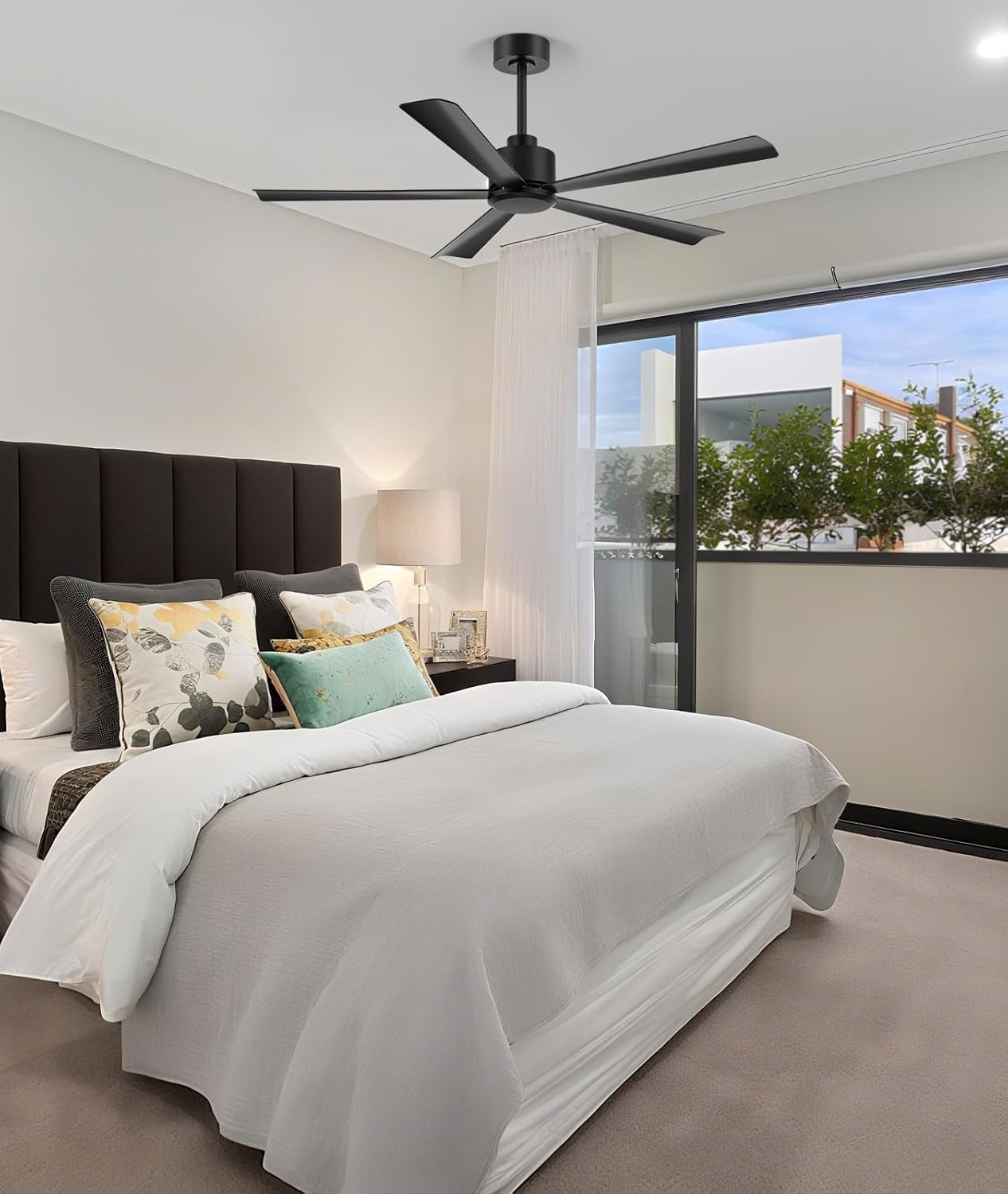 ZYD 52 Inch Black Low Profile Ceiling Fan Without Light, Modern Industrial Ceiling Fan with Remote, Reversible Quiet DC Copper Motor for Bedroom, Living Room, Kitchen, Covered Outdoor