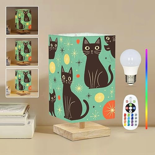 Lámpara de mesa cuadrada para dormitorio, gatos negros alegres, brillantes, retro, futuristas, colores al lado de las lámparas de escritorio con