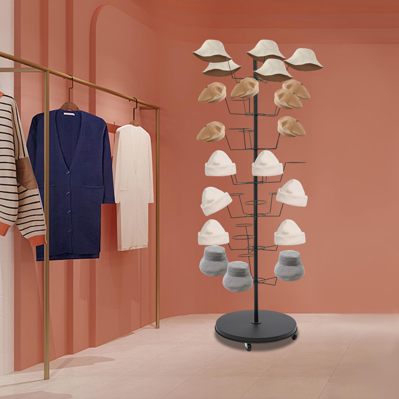 7 Tiers Hat Display Rack Stand with 35 Cap Position, Freestanding Hat Holder Storage Organizer, Floor Stand Display Holder Headwear Retail for Organizing Multiple Wig/Cap Hanger Rack