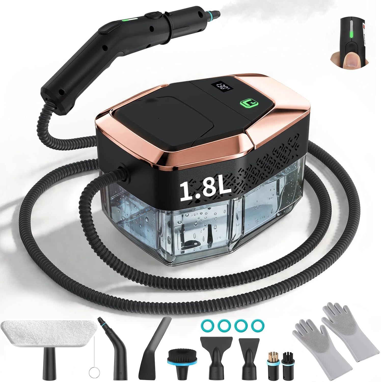 Limpiador de vapor portátil 2500W con mando graduado en el mango, 8 boquillas, depósito 1800 ml, 3 niveles de vapor, 15 segundos de calentamiento, para coche cocina baño tapicería barbacoa