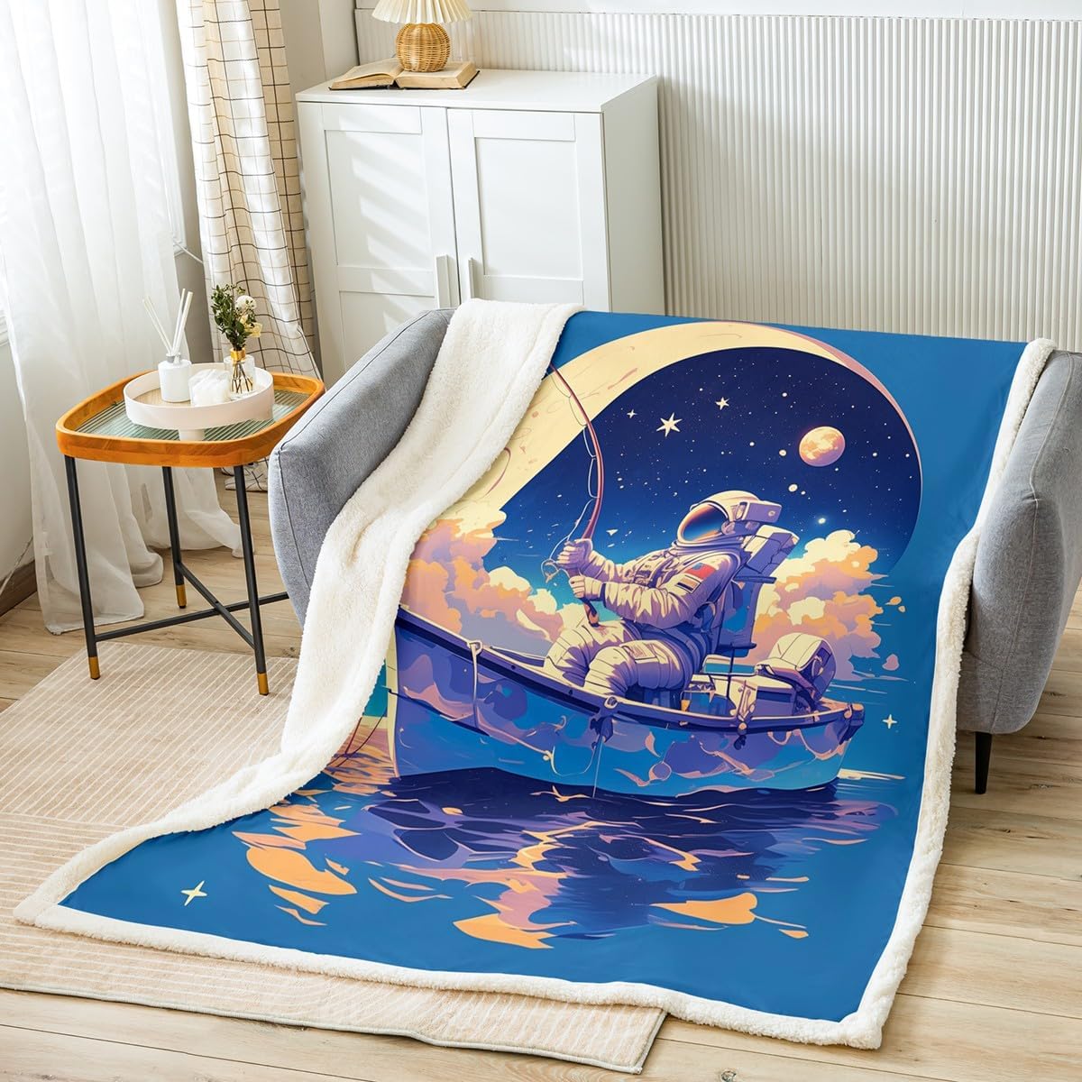 Castle Fairy Cartoon Astronaut Blanket Queen 90x90 Go Fishing Blanket for Boys Girls Dreamy Galaxy Moon Clouds Sherpa Blanket Sailing Wooden Boat Bed Blanket Sofa Bed Couch Decor