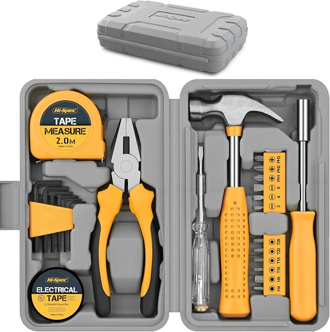 Hi-Spec 24pc Yellow Household DIY Tool Kit Set. Small Mini Tool Box Set of Starter Basic Tools