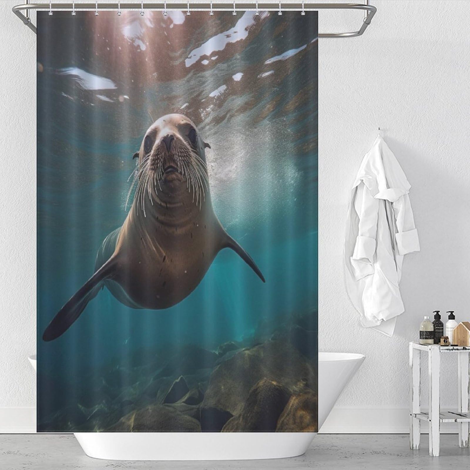 Rideau de douche phoque en tissu lavable 122x183 cm avec crochets