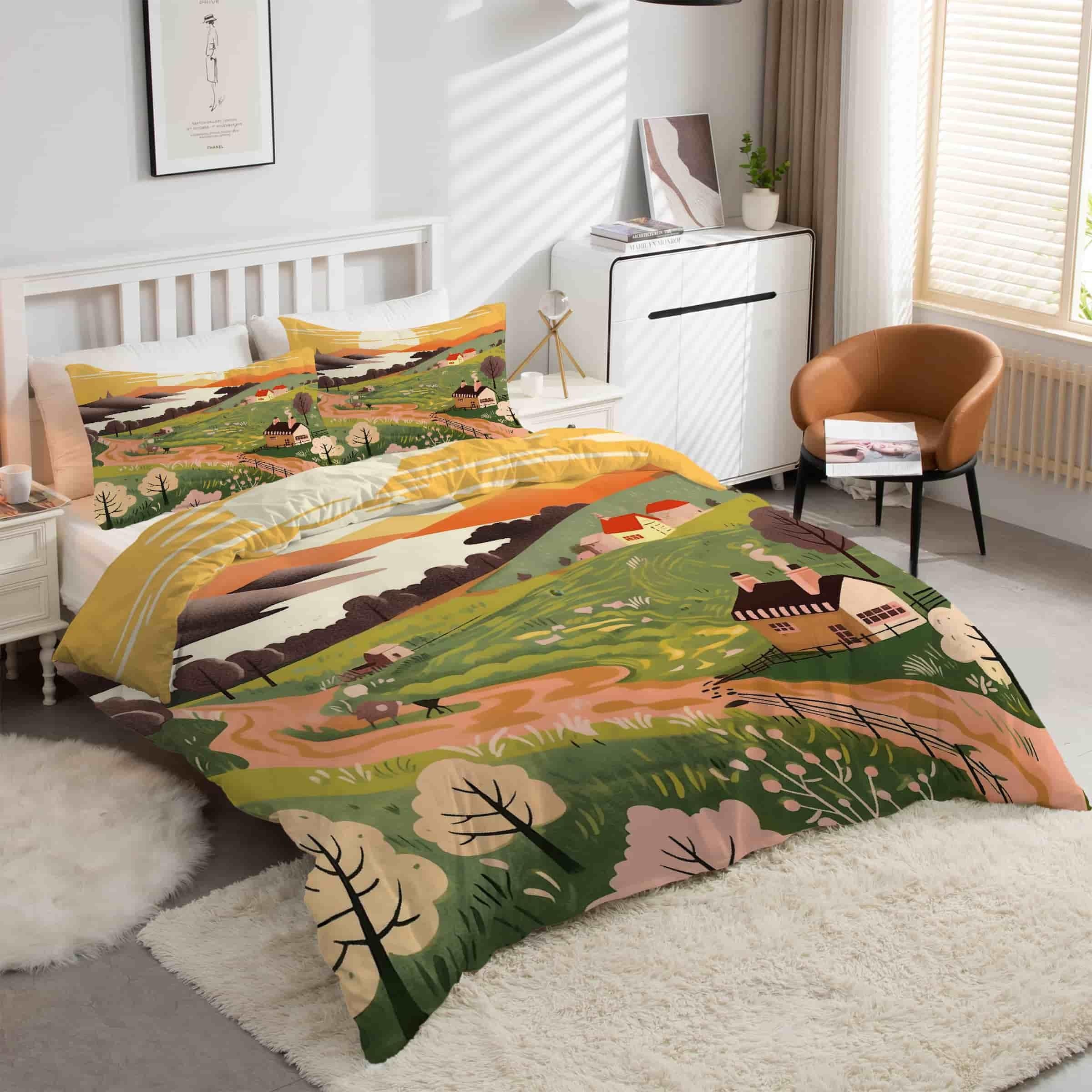 Housse de couette 160x200 style fermier coucher du soleil avec 2 taies d'oreiller kK2931